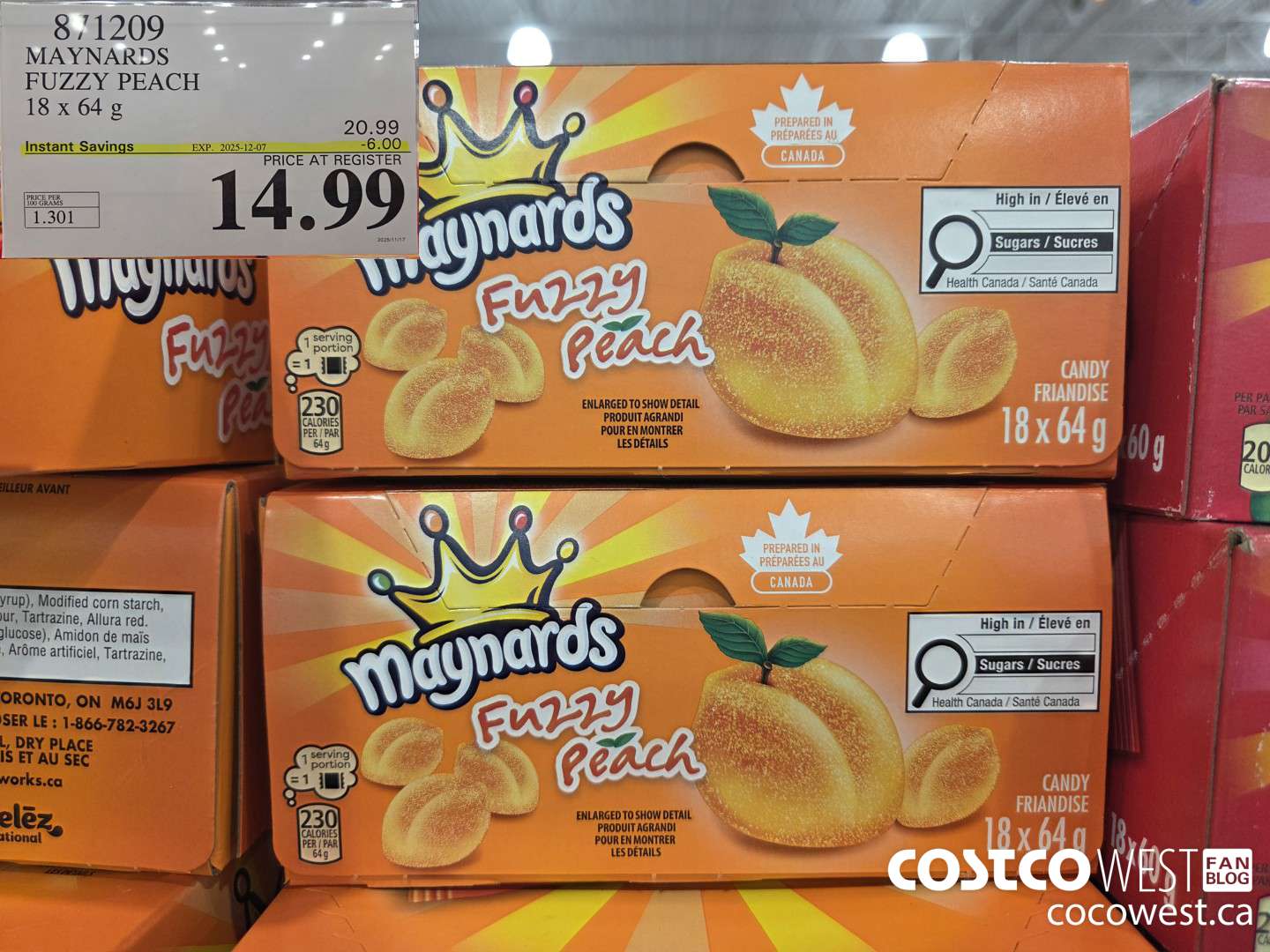 871209 MAYNARDS FUZZY PEACH 18 x 64 g ($6.00 INSTANT SAVINGS EXPIRES ON 2025-12-07) $14.99