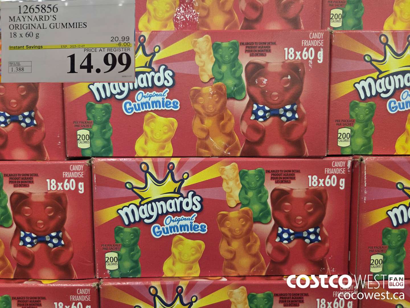 1265856 MAYNARD'S ORIGINAL GUMMIES 18 x 60 g ($6.00 INSTANT SAVINGS EXPIRES ON 2025-12-07) $14.99