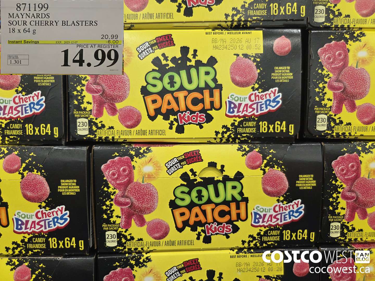 871199 MAYNARDS SOUR CHERRY BLASTERS 18 x 64 g ($6.00 INSTANT SAVINGS EXPIRES ON 2025-12-07) $14.99