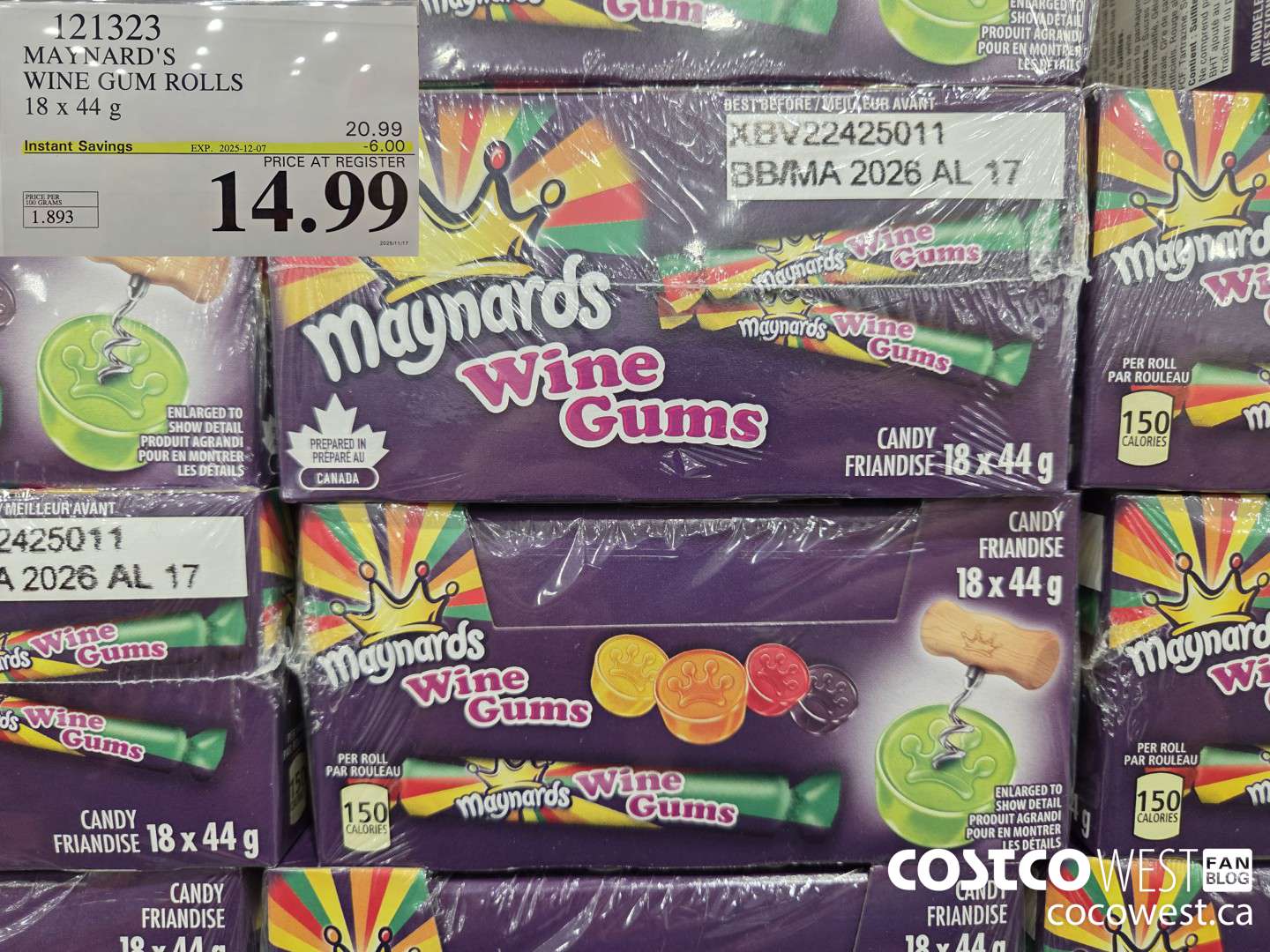 121323 MAYNARD'S WINE GUM ROLLS 18 x 44 g ($6.00 INSTANT SAVINGS EXPIRES ON 2025-12-07) $14.99