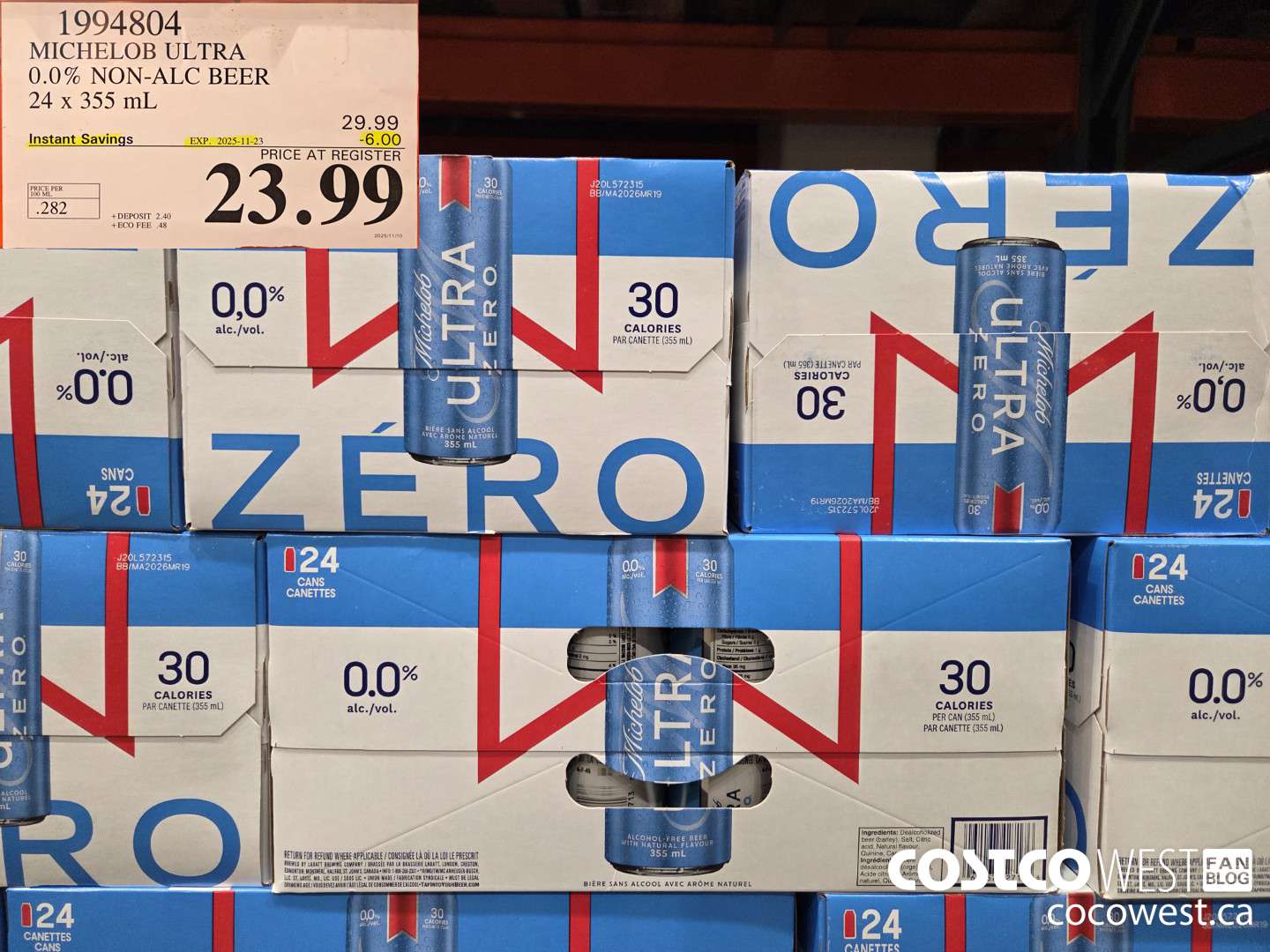 1994804 MICHELOB ULTRA 0.0% NON-ALC BEER 24 X 355ML ($6.00 INSTANT SAVINGS EXPIRES ON 2025-11-23) $23.99