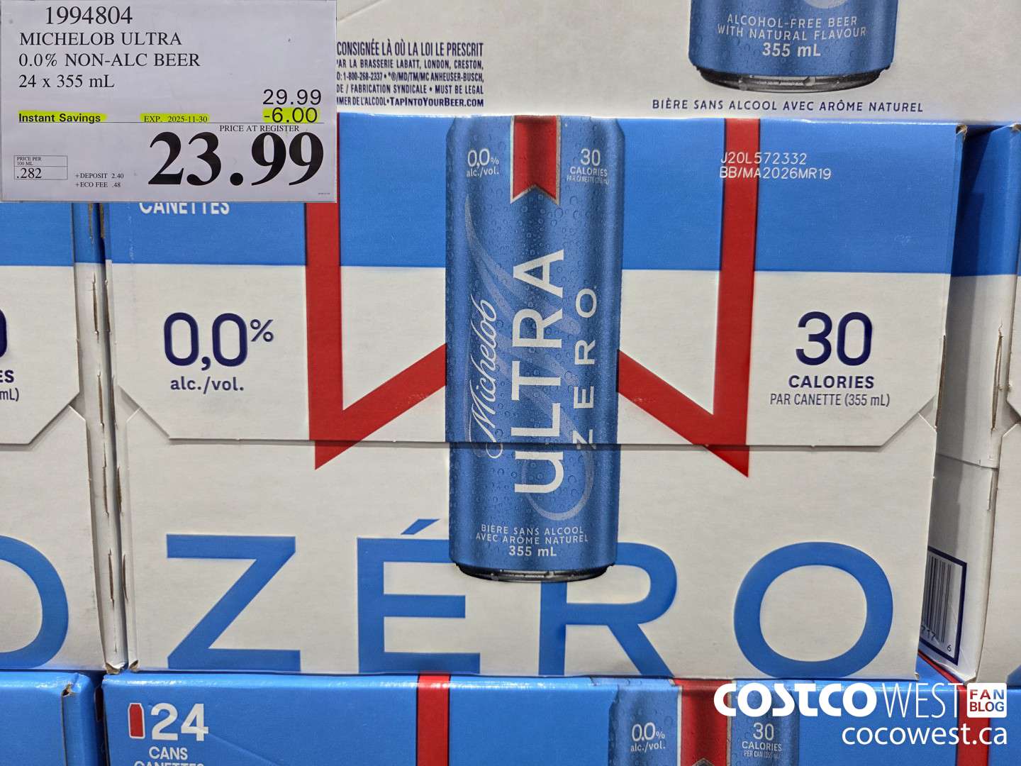 1994804 MICHELOB ULTRA 0.0% NON-ALC BEER 24 X 355ML ($6.00 INSTANT SAVINGS EXPIRES ON 2025-11-30) $23.99