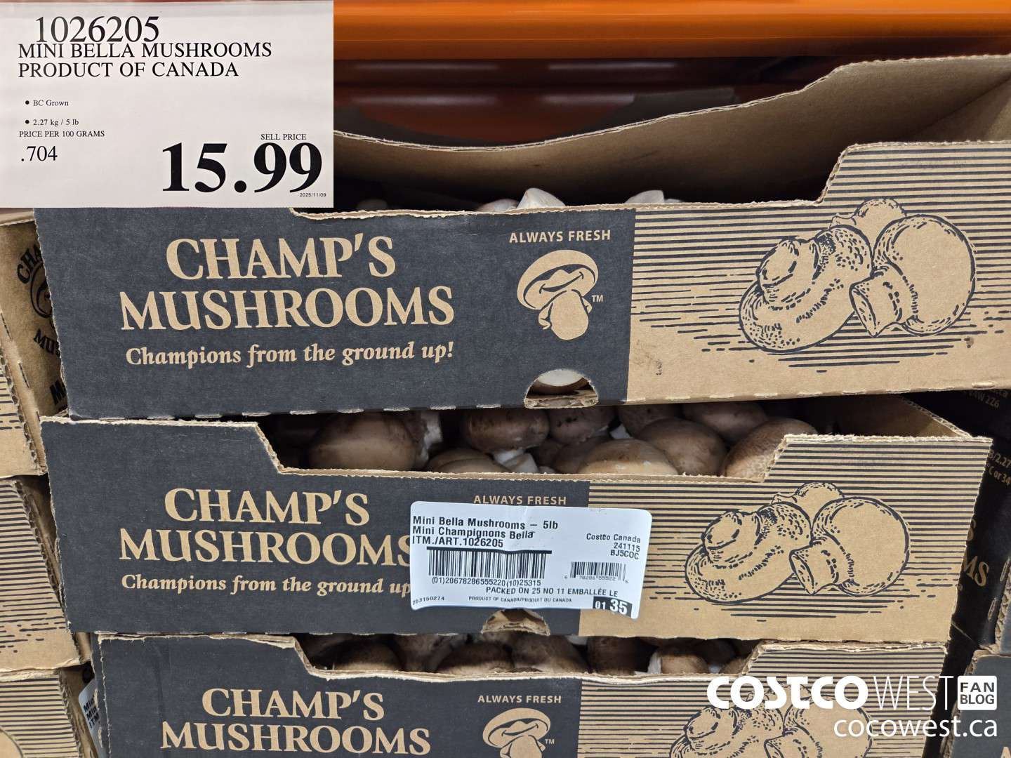 1026205 MINI BELLA MUSHROOMS PRODUCT OF CANADA $15.99