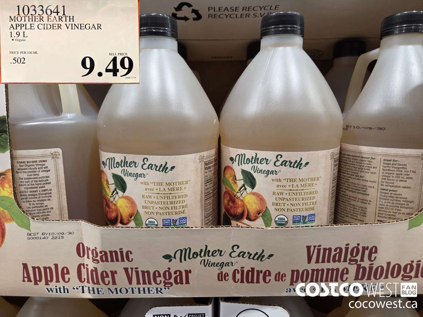 1033641 MOTHER EARTH APPLE CIDER VINEGAR 1.9 L $9.49