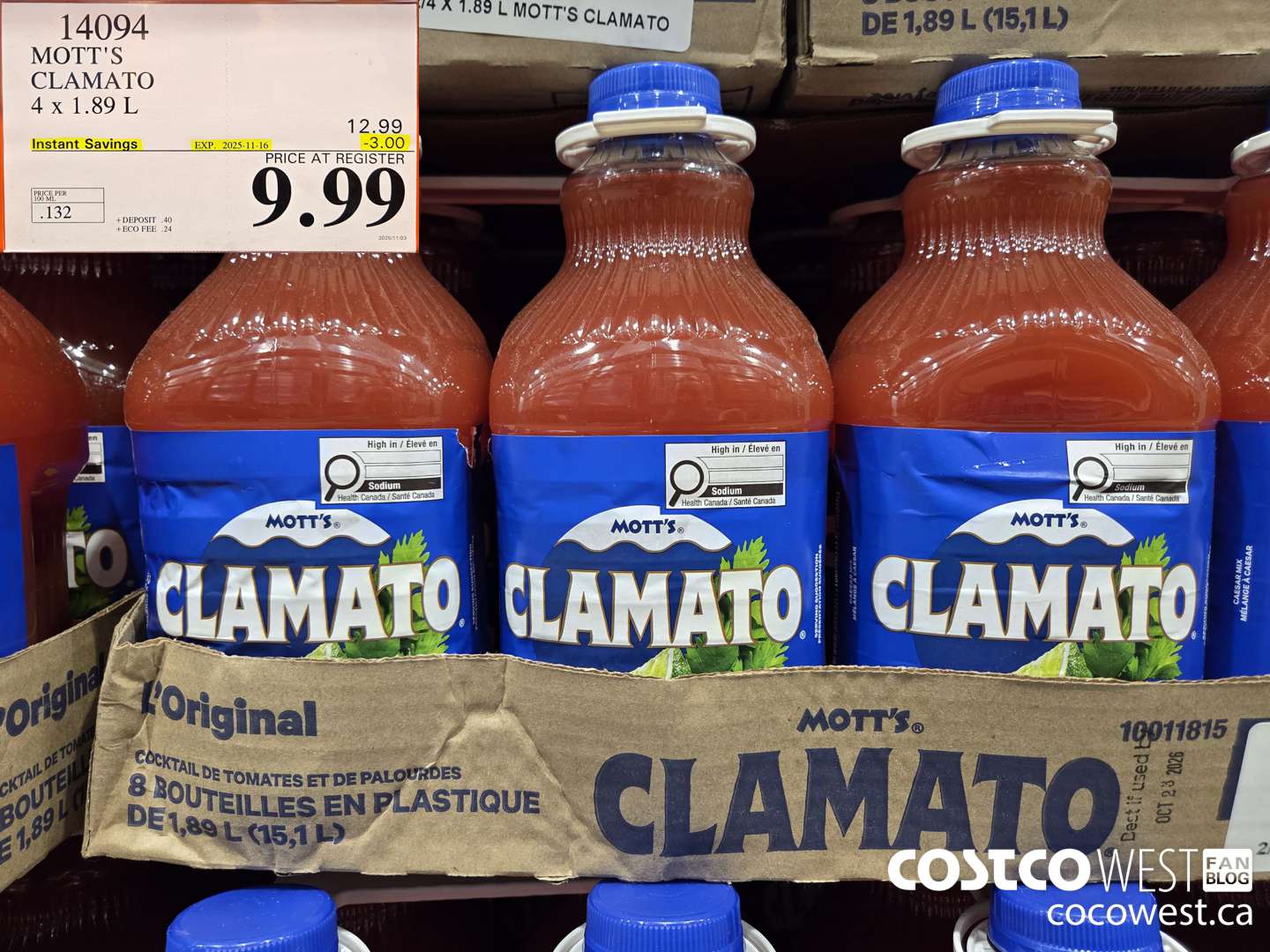 14094 MOTTS CLAMATO JUICE 4 X 1.89 L ($3.00 INSTANT SAVINGS EXPIRES ON 2025-11-16) $9.99