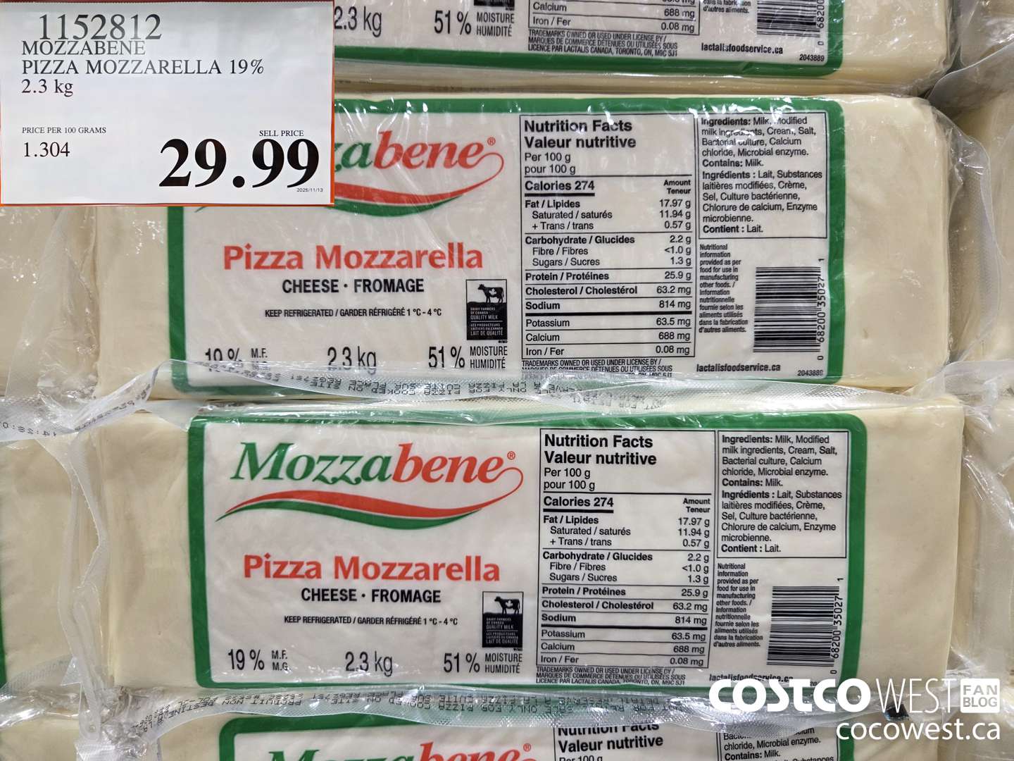 1152812 MOZZABENE PIZZA MOZZARELLA 19% 2.3 kg $29.99