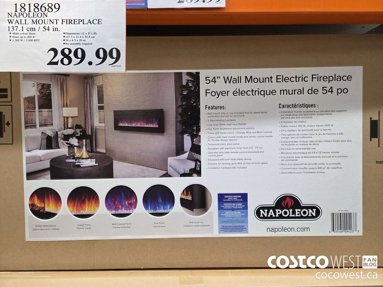 1818689 NAPOLEON WALL MOUNT FIREPLACE 137.1 CM / 54 IN $289.99