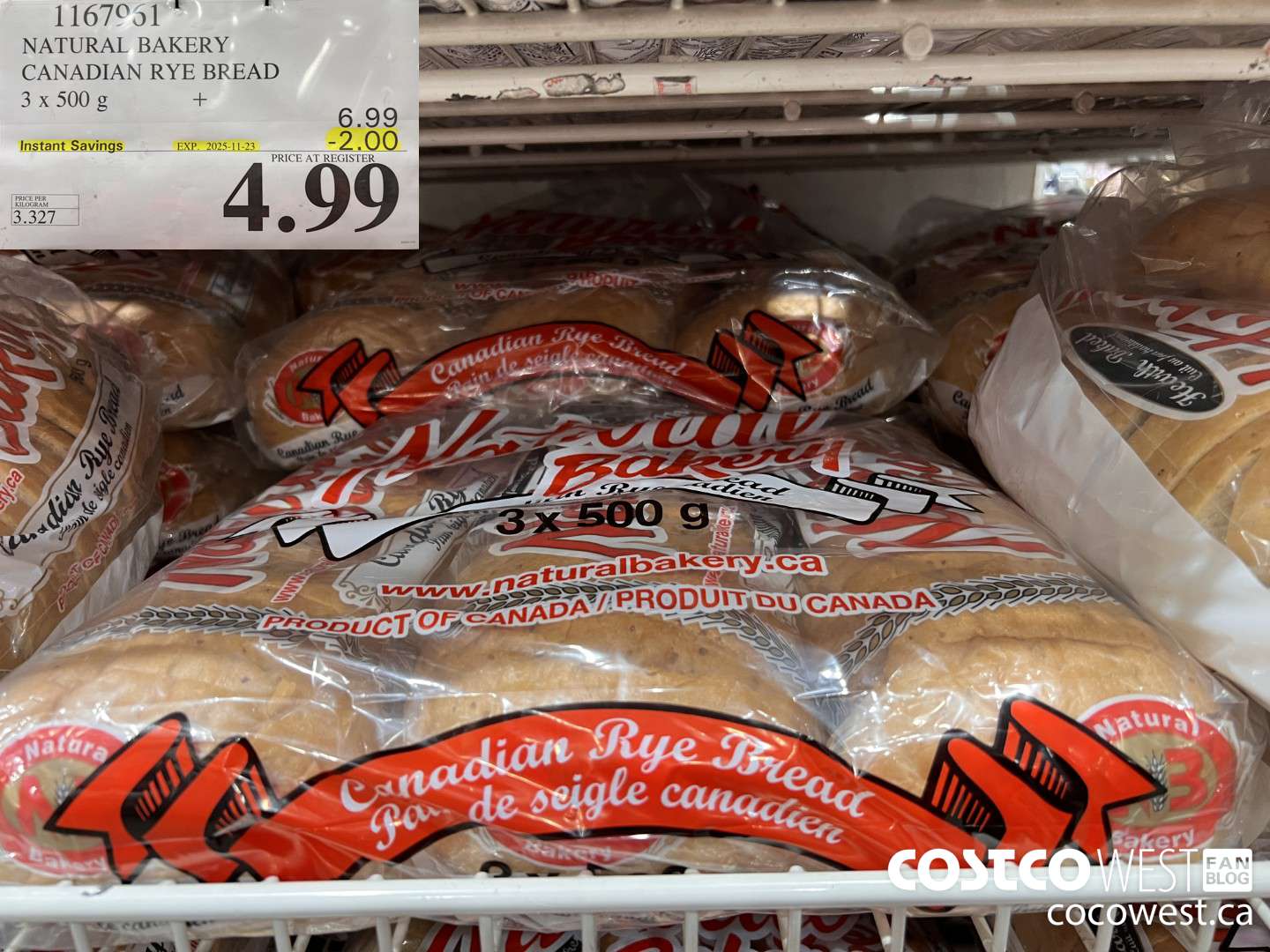 1167961 NATURAL BAKERY CANADIAN RYE BREAD 3 X 500 G ($2.00 INSTANT SAVINGS EXPIRES ON 2025-11-23) $4.99