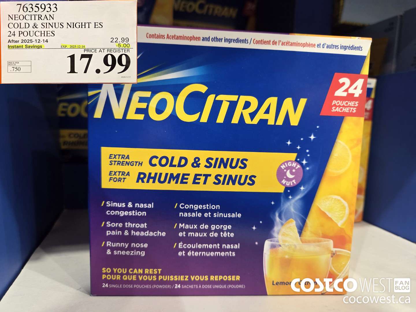 7635933 NEOCITRAN COLD & SINUS NIGHT ES 24 POUCHES ($5.00 INSTANT SAVINGS EXPIRES ON 2025-12-14) $17.99