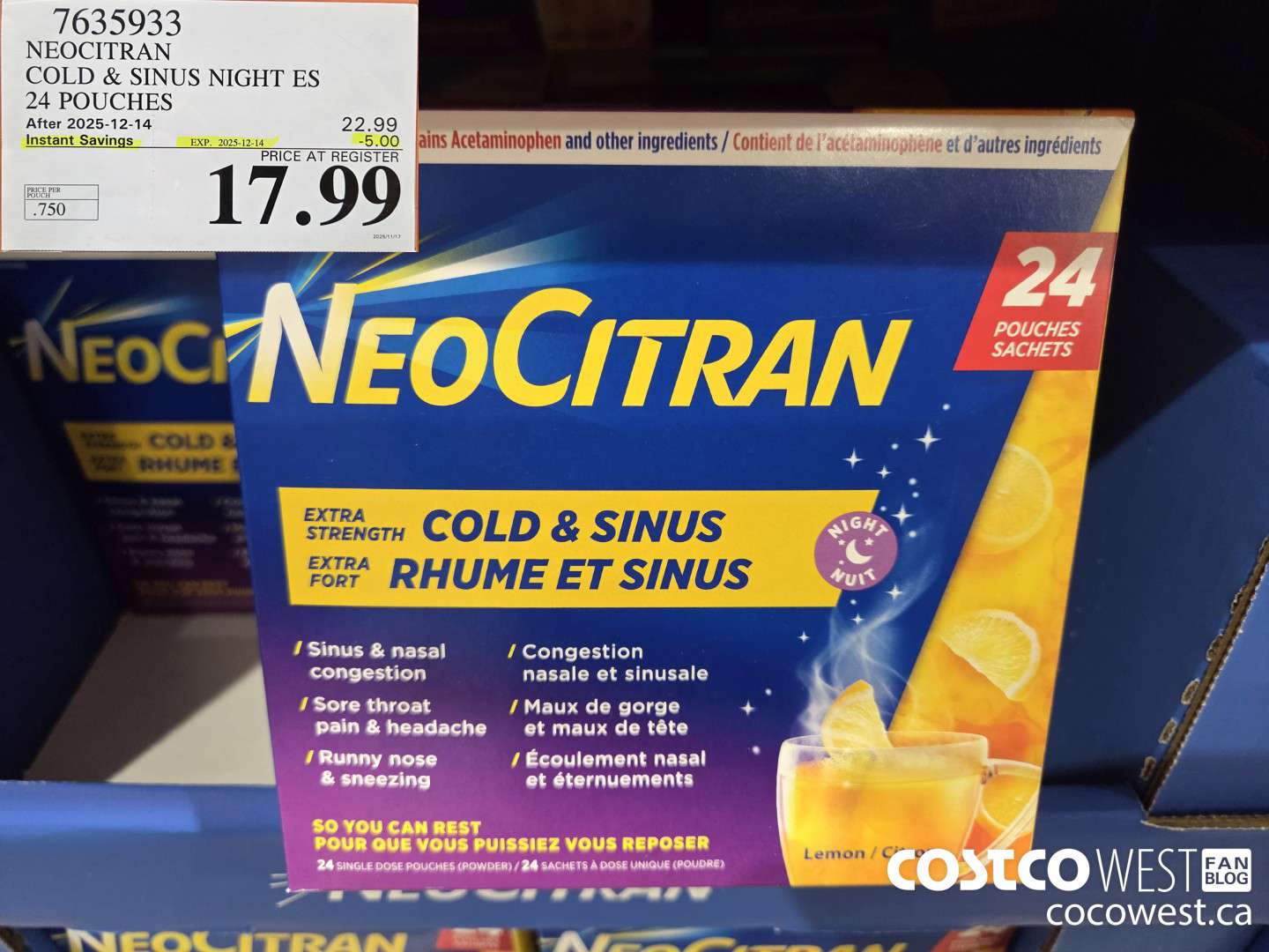 7635933 NEOCITRAN COLD & SINUS NIGHT ES 24 POUCHES ($5.00 INSTANT SAVINGS EXPIRES ON 2025-12-14) $17.99