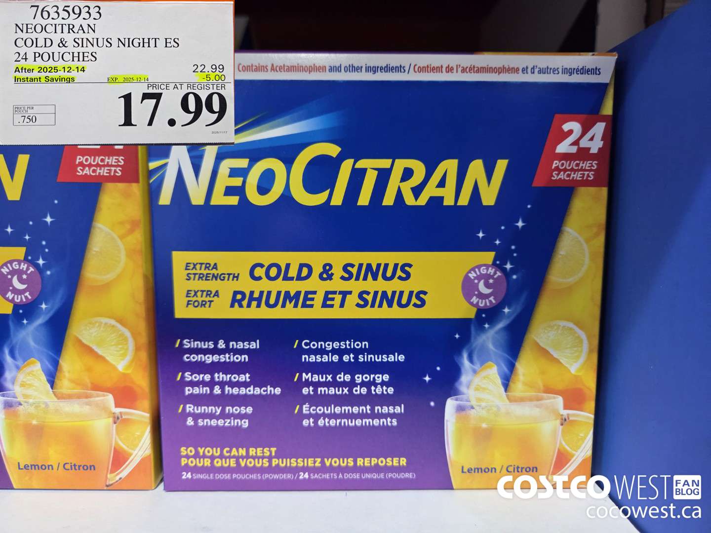 7635933 NEOCITRAN COLD & SINUS NIGHT ES 24 POUCHES ($5.00 INSTANT SAVINGS EXPIRES ON 2025-12-14) $17.99