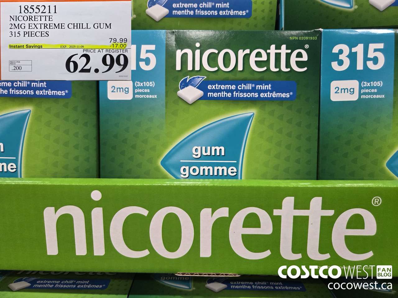 1855211 NICORETTE 2MG EXTREME CHILL GUM 315 PIECES ($17.00 INSTANT SAVINGS EXPIRES ON 2025-11-09) $62.99