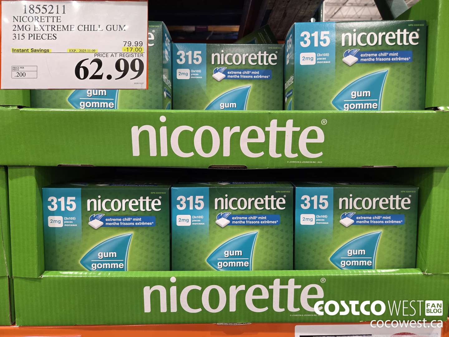 1855211 NICORETTE 2MG EXTREME CHILL GUM 315 PIECES ($17.00 INSTANT SAVINGS EXPIRES ON 2025-11-09) $62.99