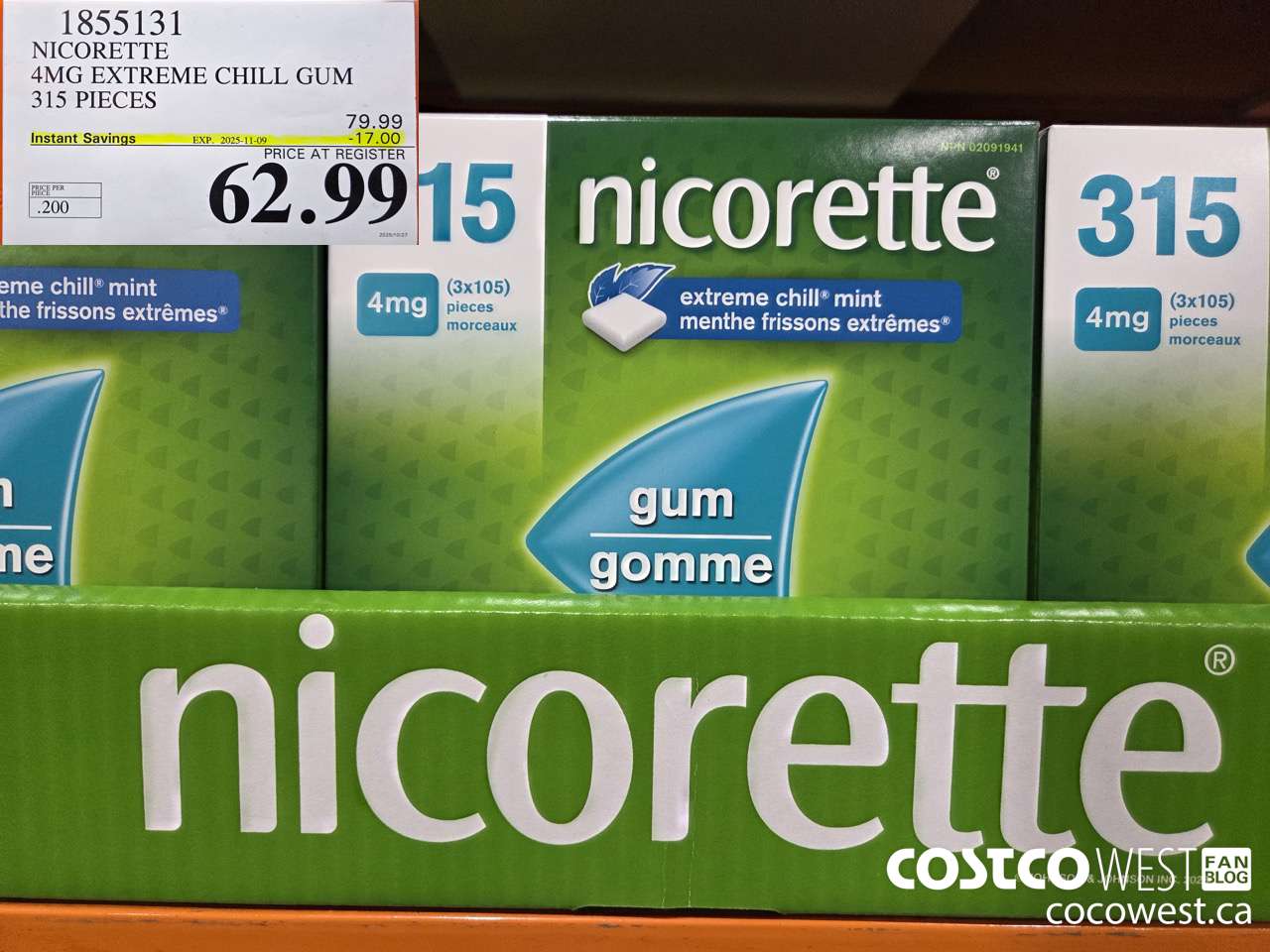 1855131 NICORETTE 4MG EXTREME CHILL GUM 315 PIECES ($17.00 INSTANT SAVINGS EXPIRES ON 2025-11-09) $62.99