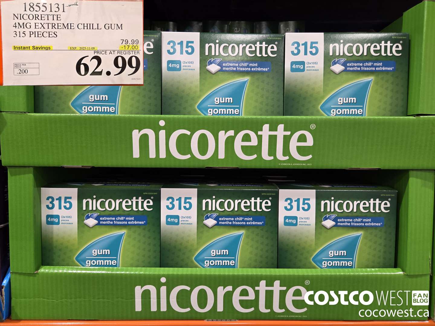 1855131 NICORETTE 4MG EXTREME CHILL GUM 315 PIECES ($17.00 INSTANT SAVINGS EXPIRES ON 2025-11-09) $62.99