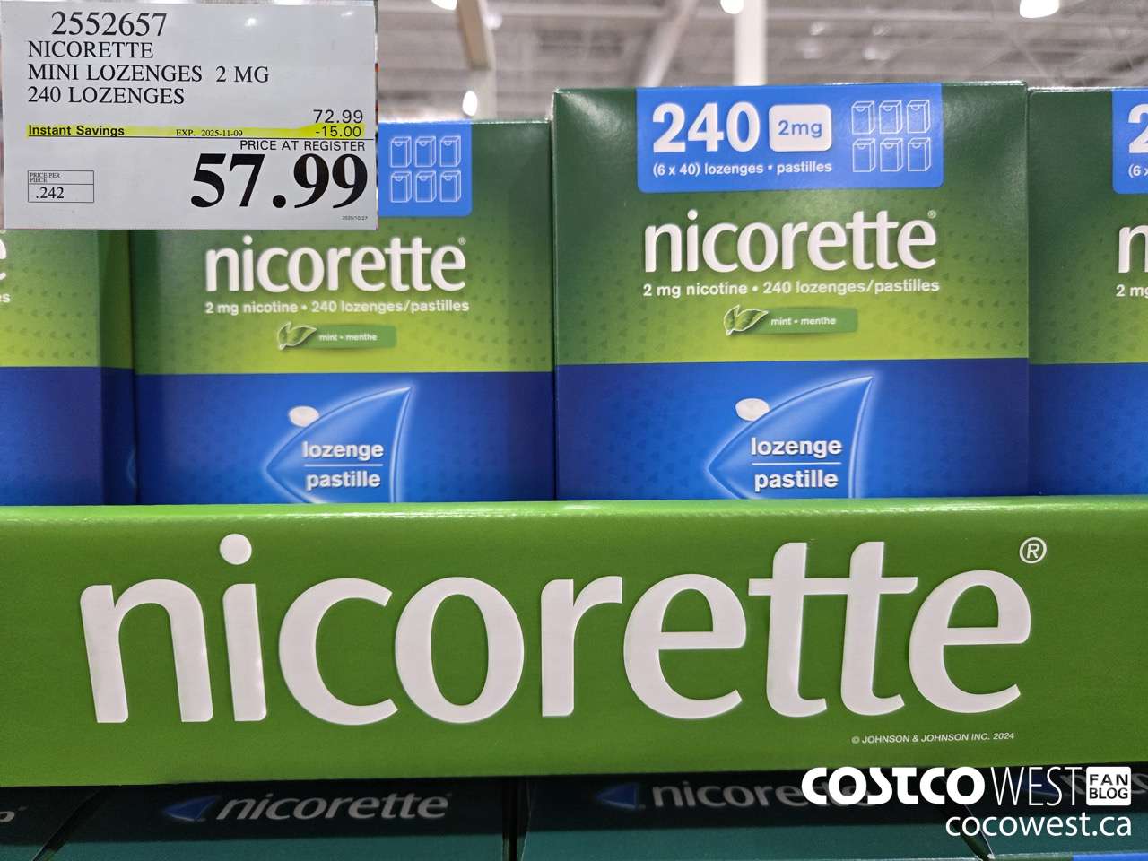 2552657 NICORETTE MINI LOZENGES 2MG 240 LOZENGES ($15.00 INSTANT SAVINGS EXPIRES ON 2025-11-09) $57.99
