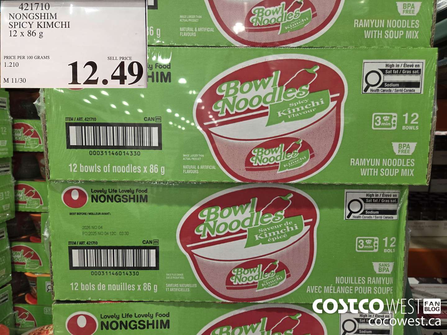 421710 NONG SHIM KIMCHI NOODLE BOWLS 12 x 86g $12.49