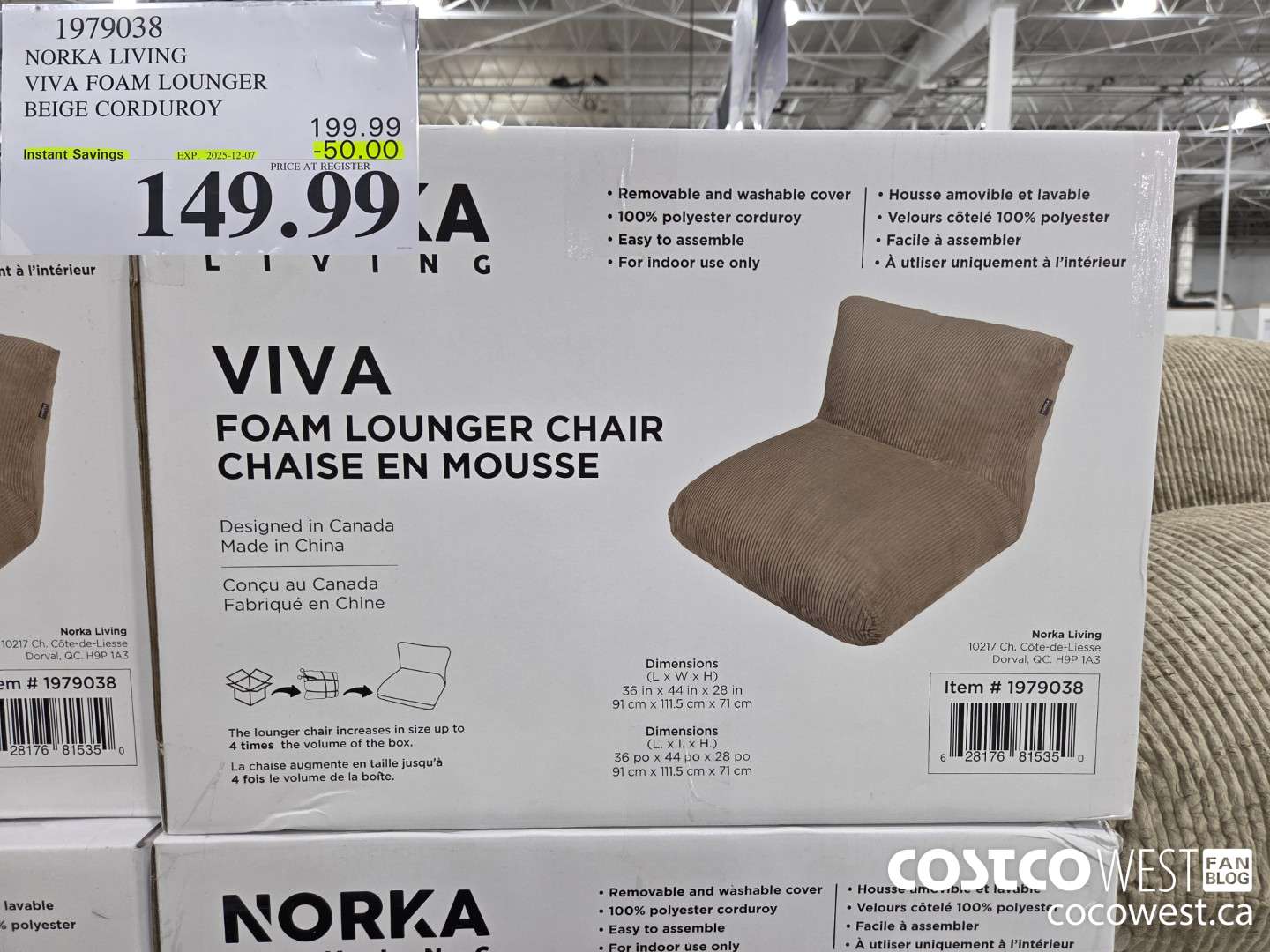 1979038 NORKA LIVING VIVA FOAM LOUNGER BEIGE CORDUROY ($50.00 INSTANT SAVINGS EXPIRES ON 2025-12-07) $149.99