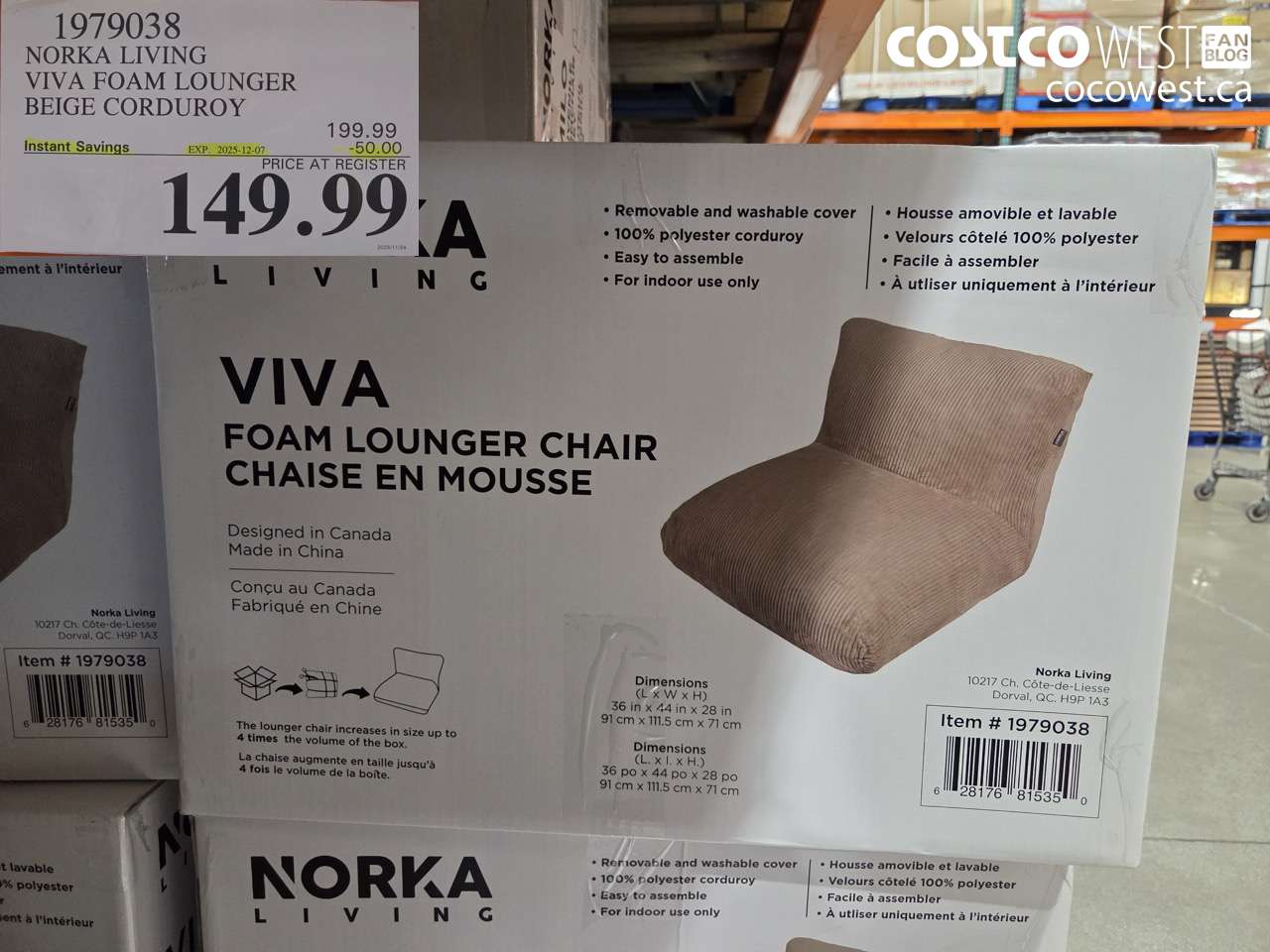 1979038 NORKA LIVING VIVA FOAM LOUNGER BEIGE CORDUROY ($50.00 INSTANT SAVINGS EXPIRES ON 2025-12-07) $149.99