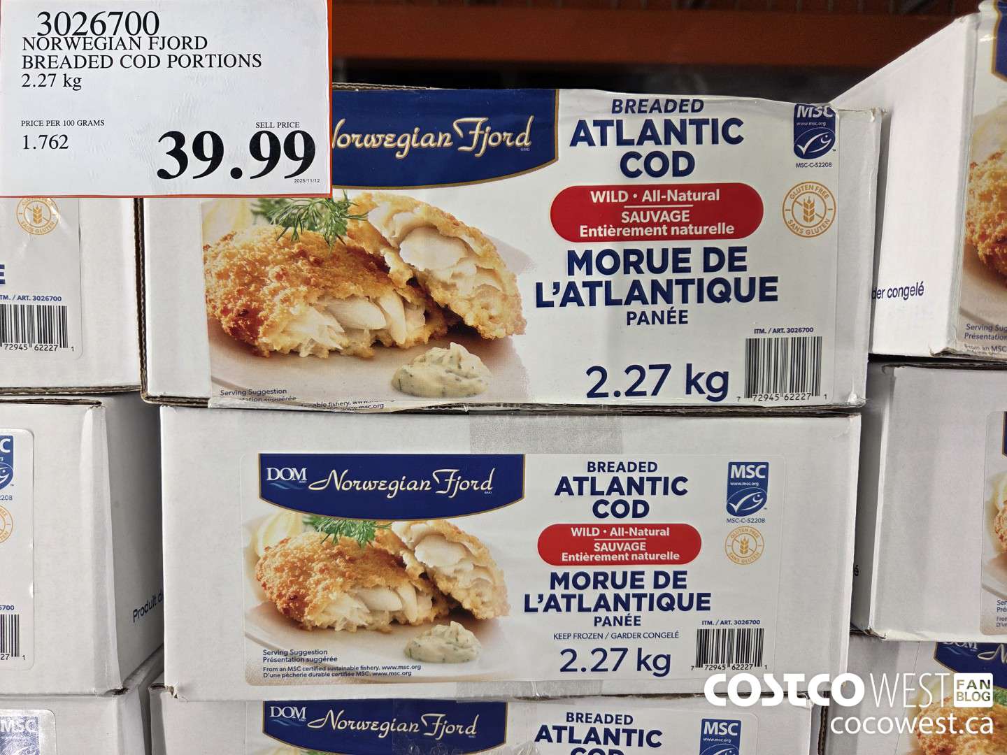 3026700 NORWEGIAN FJORD BREADED COD PORTIONS 2.27 kg $39.99