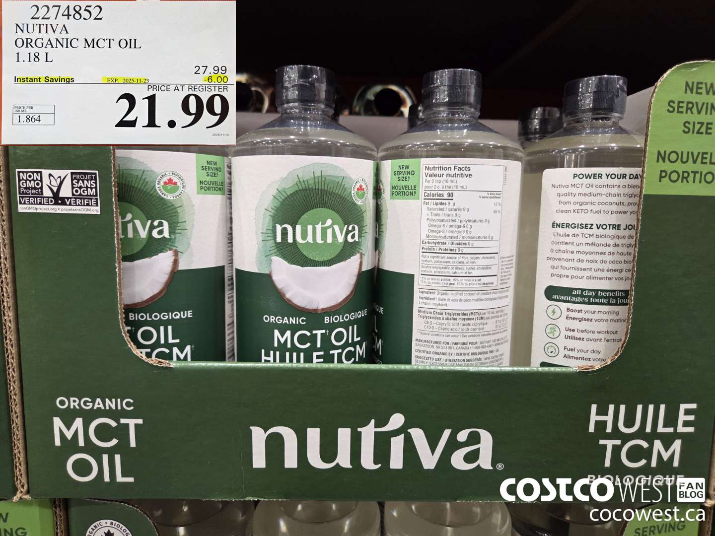 2274852 NUTIVA ORGANIC MCT OIL 1.18 L ($6.00 INSTANT SAVINGS EXPIRES ON 2025-11-23) $21.99