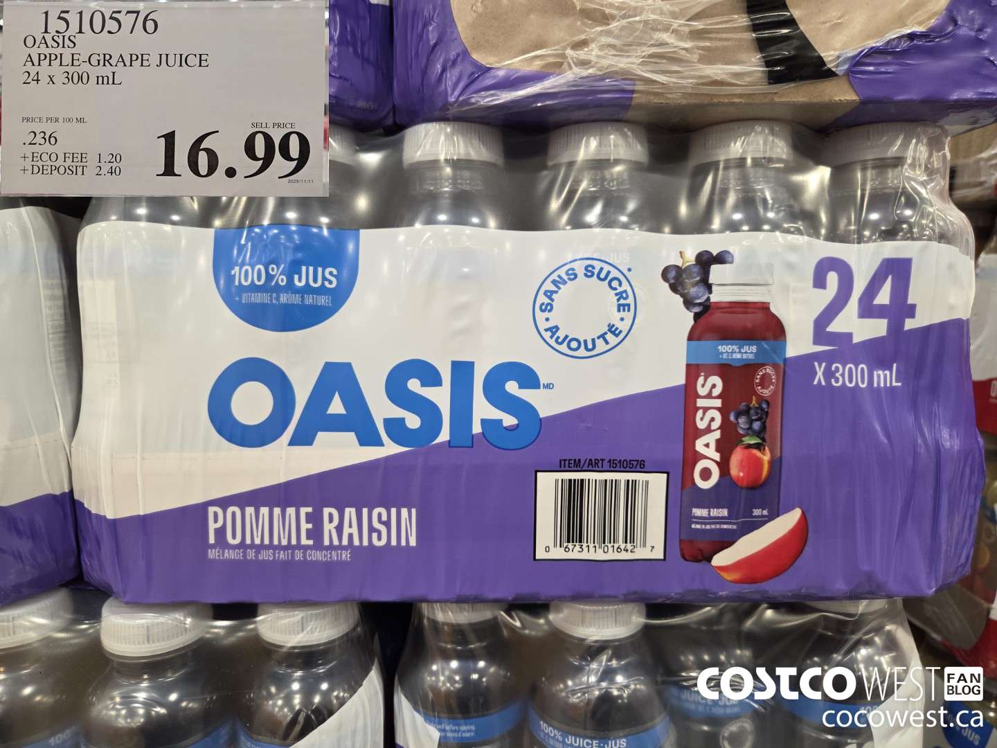 1510576 OASIS APPLE-GRAPE JUICE 24 x 300 mL $16.99