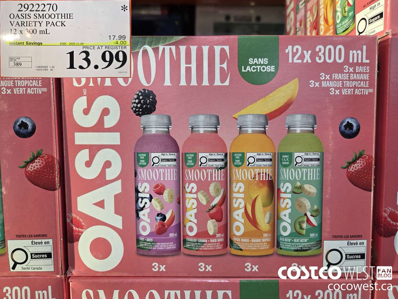 2922270 OASIS SMOOTHIE VARIETY PACK 12 X 300ML ($4.00 INSTANT SAVINGS EXPIRES ON 2025-11-09) $13.99