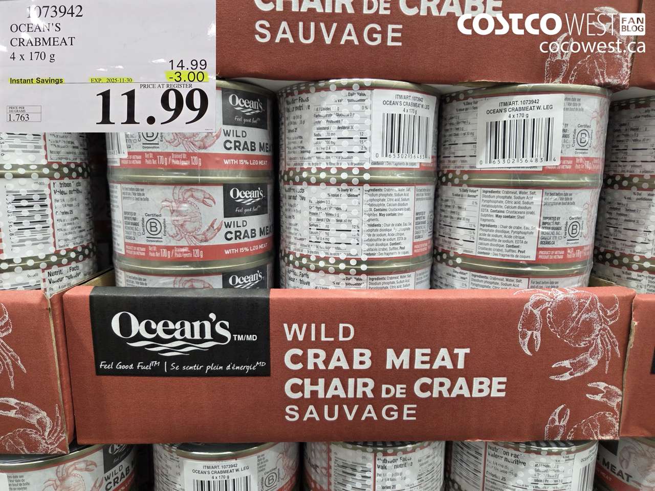 1073942 OCEAN'S CRABMEAT 4 X 170 G ($3.00 INSTANT SAVINGS EXPIRES ON 2025-11-30) $11.99