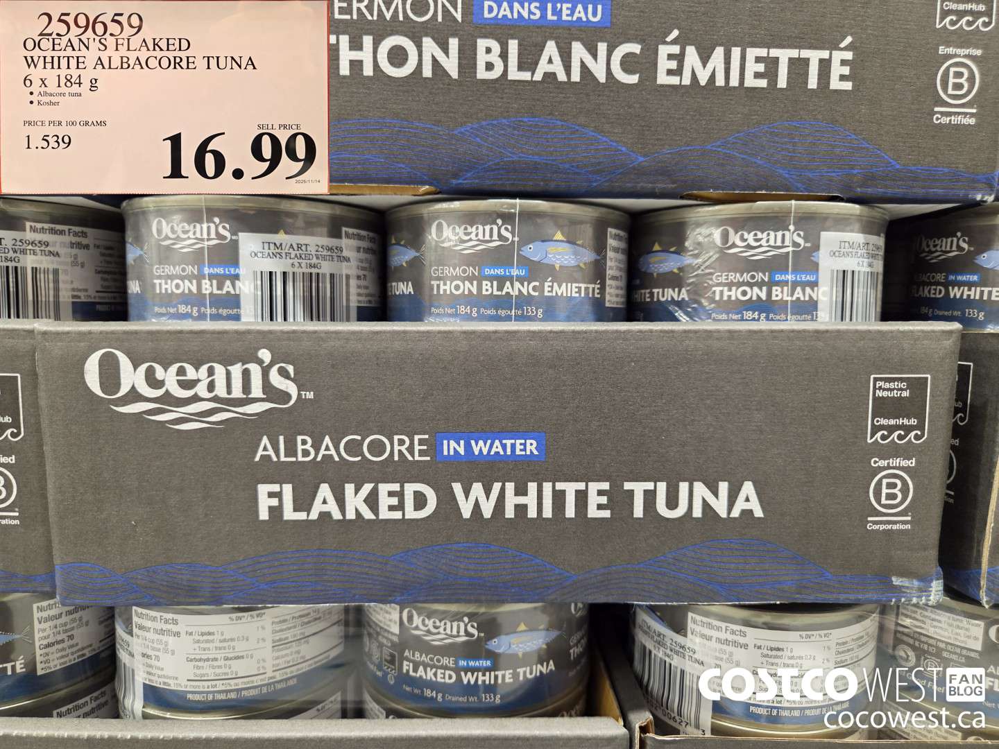 259659 OCEAN'S FLAKED WHITE ALBACORE TUNA 6 x 184 g $16.99