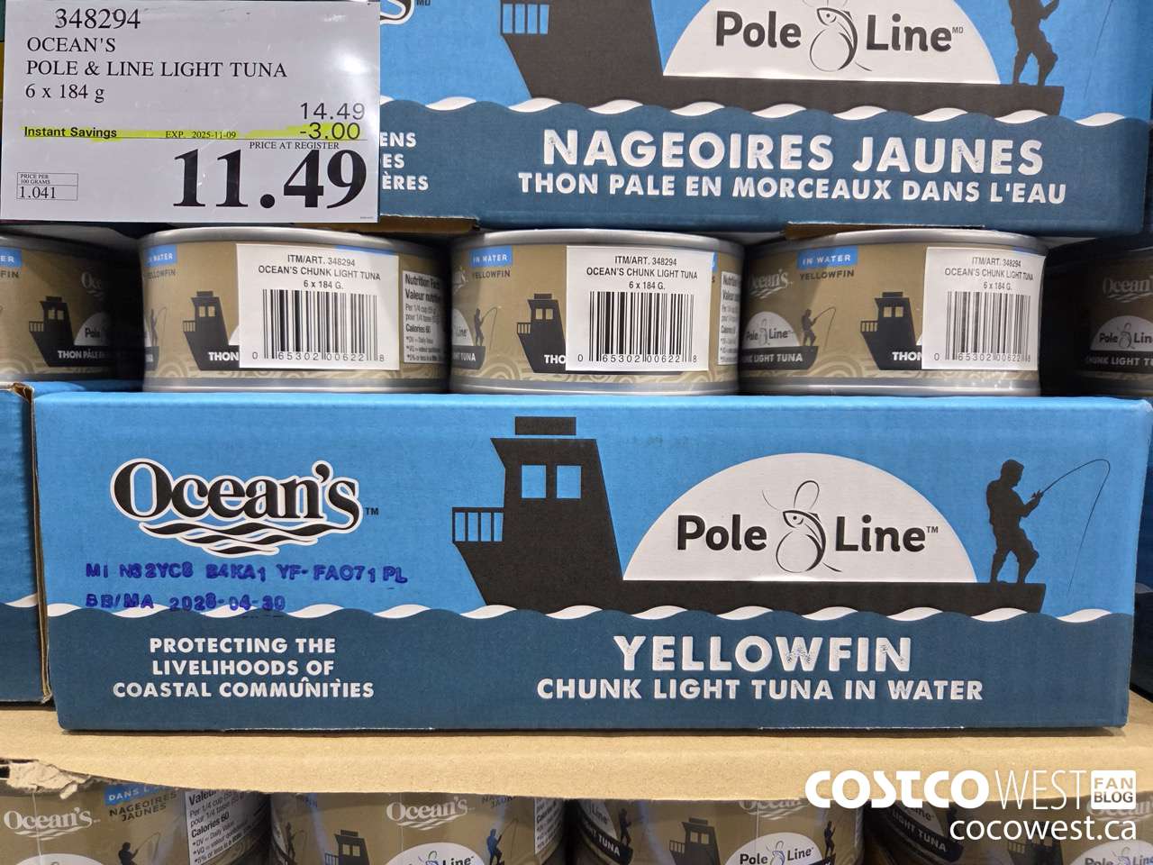 348294 OCEAN'S POLE & LINE LIGHT TUNA 6 x 184 g ($3.00 INSTANT SAVINGS EXPIRES ON 2025-11-09) $11.49