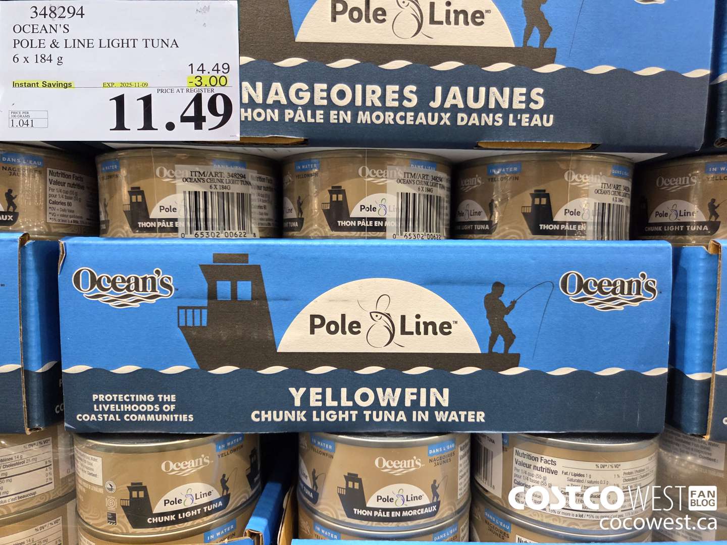 348294 OCEAN'S POLE & LINE LIGHT TUNA 6 x 184 g ($3.00 INSTANT SAVINGS EXPIRES ON 2025-11-09) $11.49