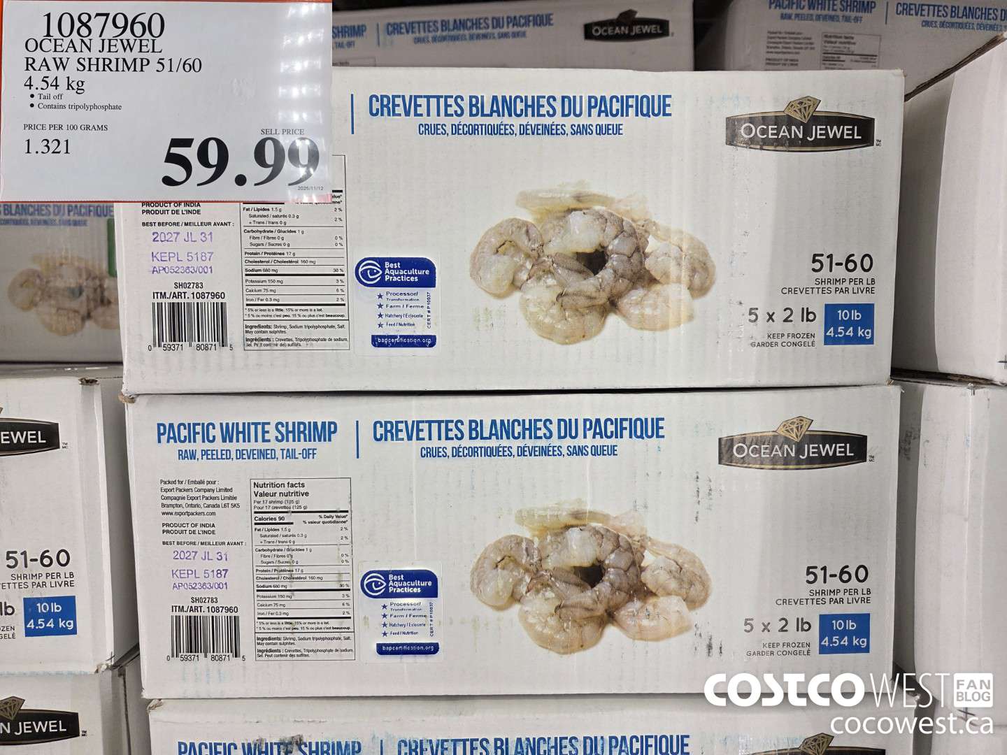 1087960 OCEAN JEWEL RAW SHRIMP 51/60 4.54 kg $59.99