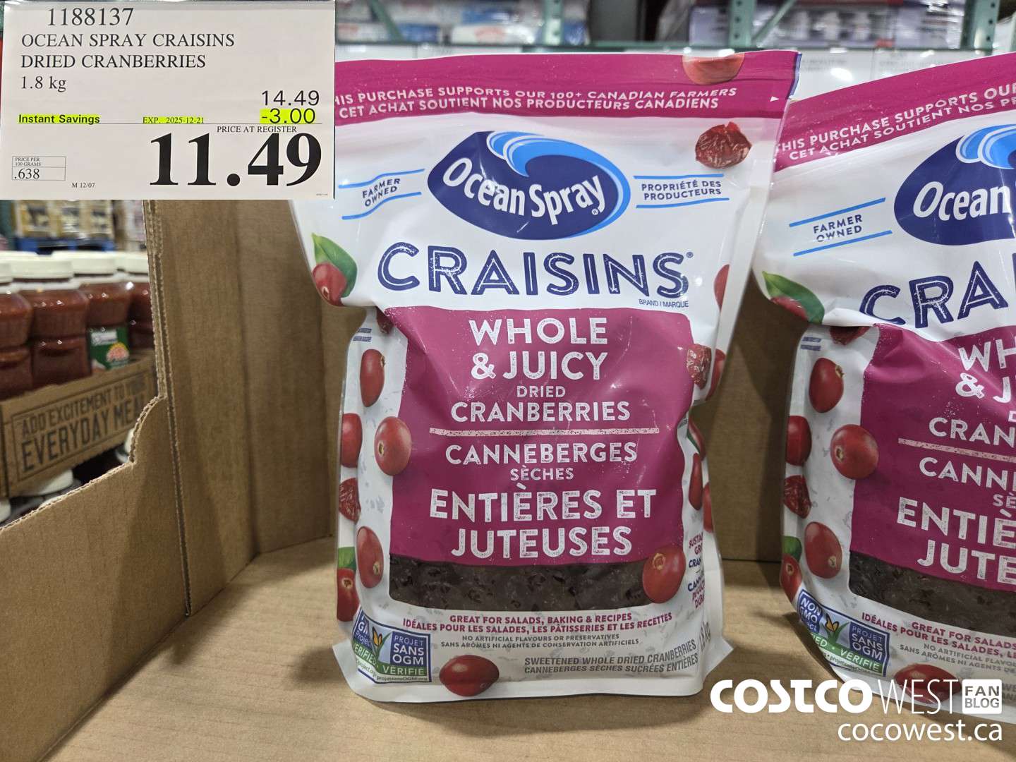1188137 OCEAN SPRAY CRAISINS DRIED CRANBERRIES 1.8 KG ($3.00 INSTANT SAVINGS EXPIRES ON 2025-12-21) $11.49