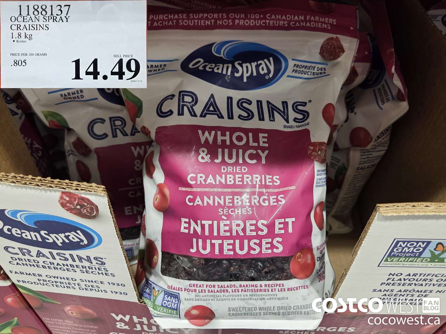 1188137 OCEAN SPRAY CRAISINS DRIED CRANBERRIES 1.8 KG $14.49