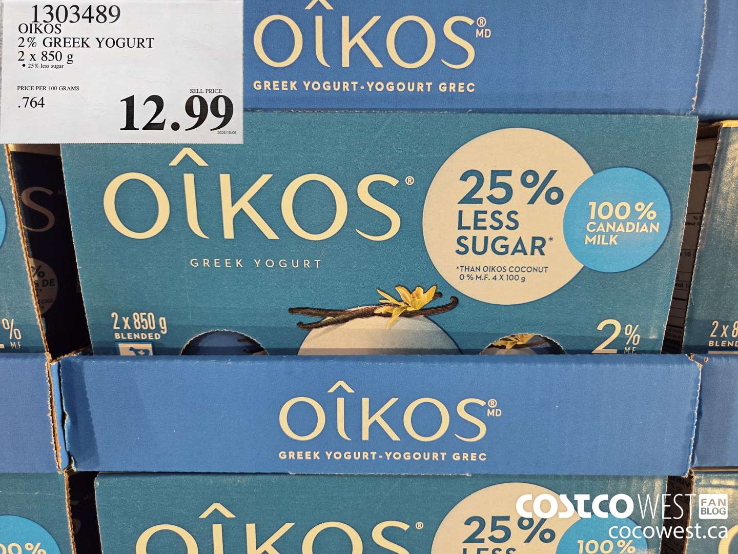 1303489 OIKOS VANILLA 2 % GREEK YOGURT 25% LESS SUGAR 2 x 850 g $12.99