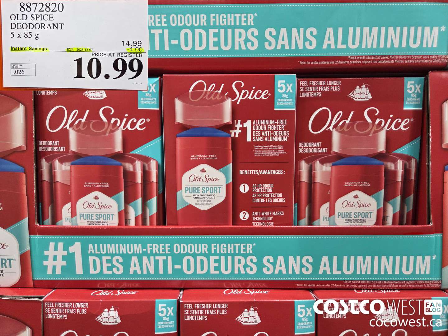 8872820 OLD SPICE DEODORANT 5 x 85 g ($4.00 INSTANT SAVINGS EXPIRES ON 2025-12-07) $10.99