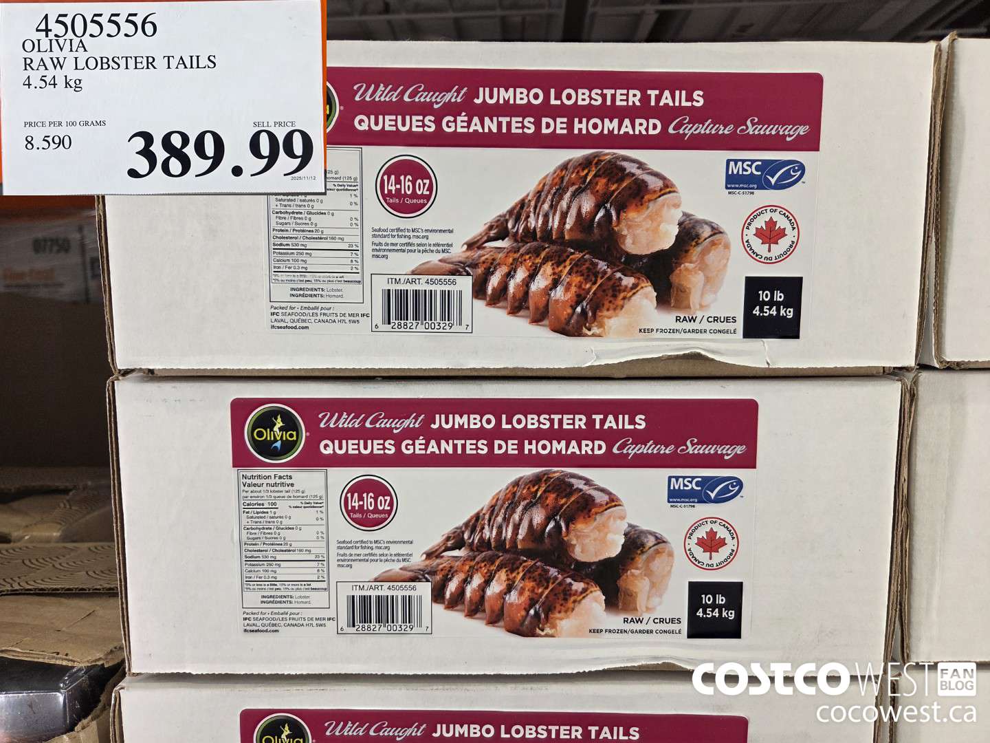 4505556 OLIVIA RAW LOBSTER TAILS 4.54 kg $389.99