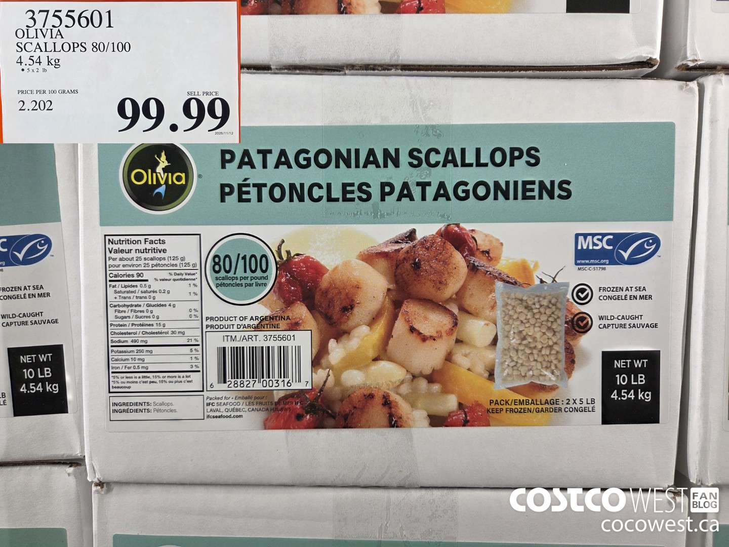 3755601 OLIVIA SCALLOPS 80/100 4.54 kg $99.99