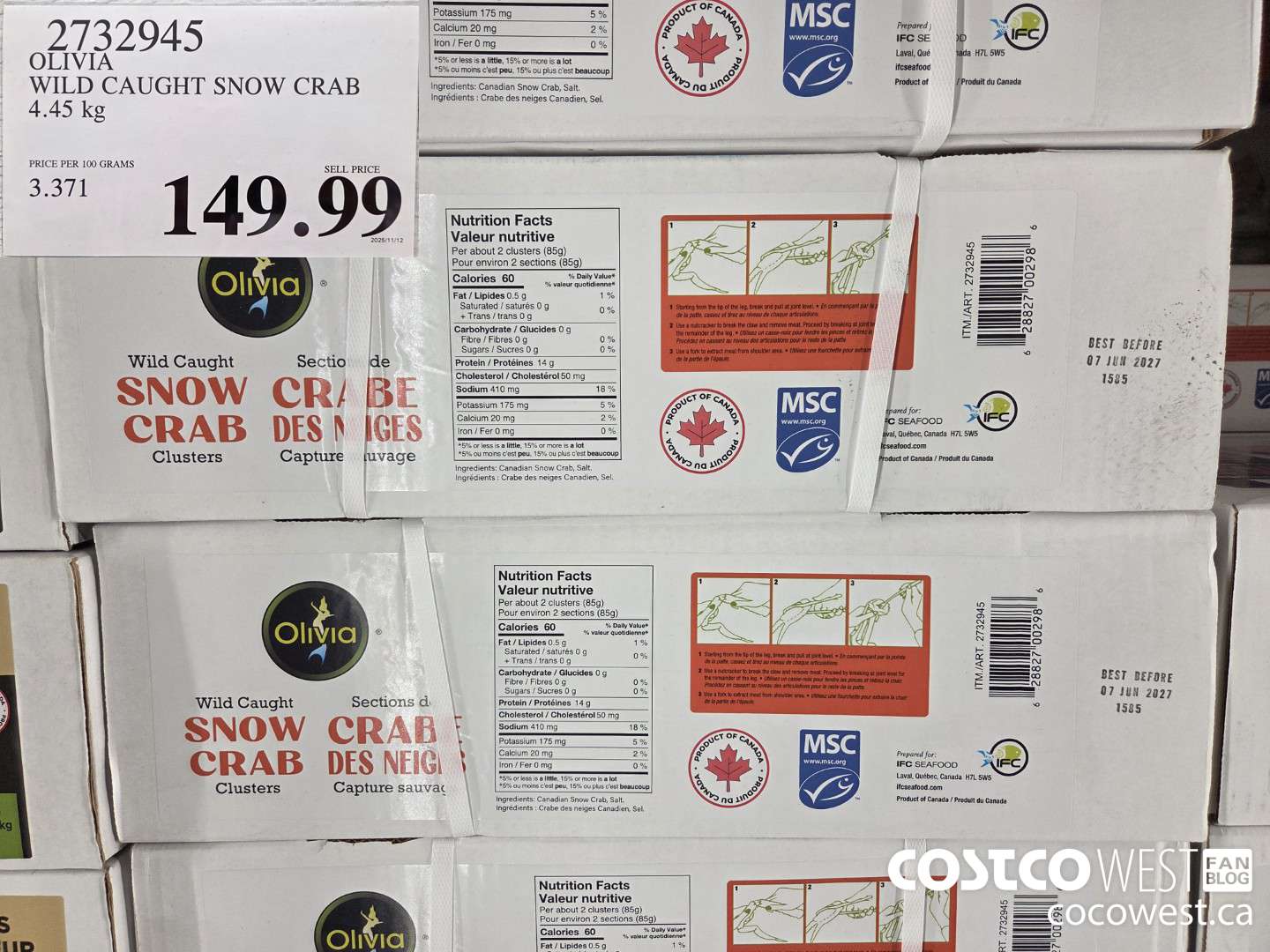 2732945 OLIVIA WILD CAUGHT SNOW CRAB 4.45 kg $149.99