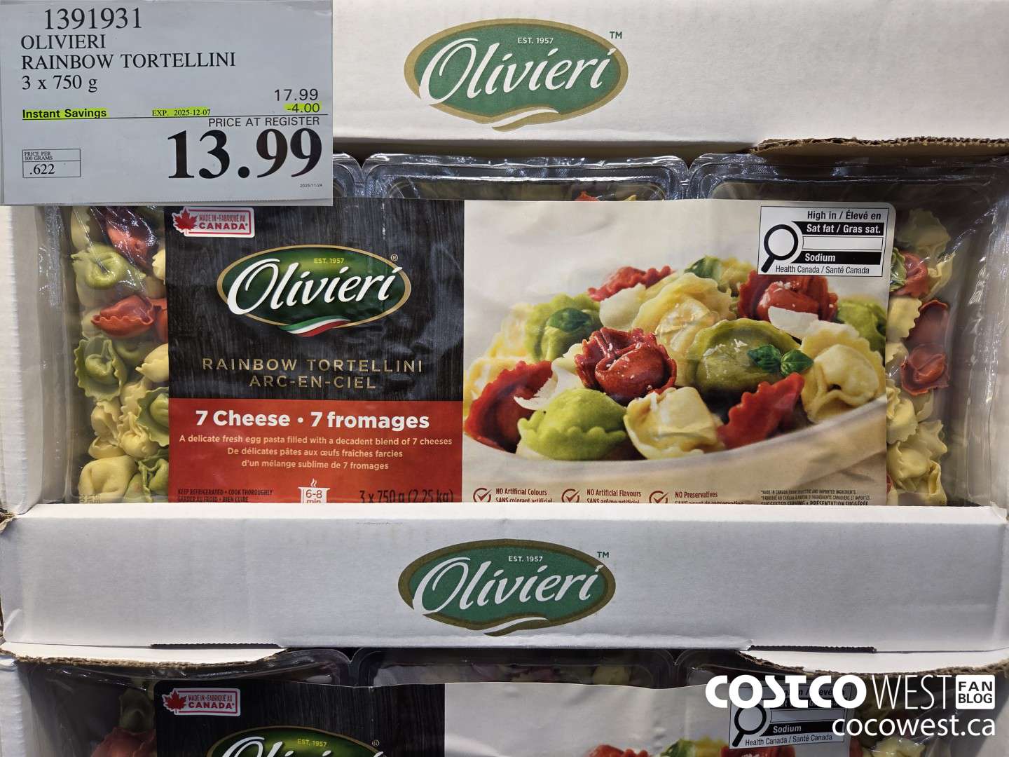1391931 OLIVIERI RAINBOW TORTELLINI 3 x 750 g ($4.00 INSTANT SAVINGS EXPIRES ON 2025-12-07) $13.99