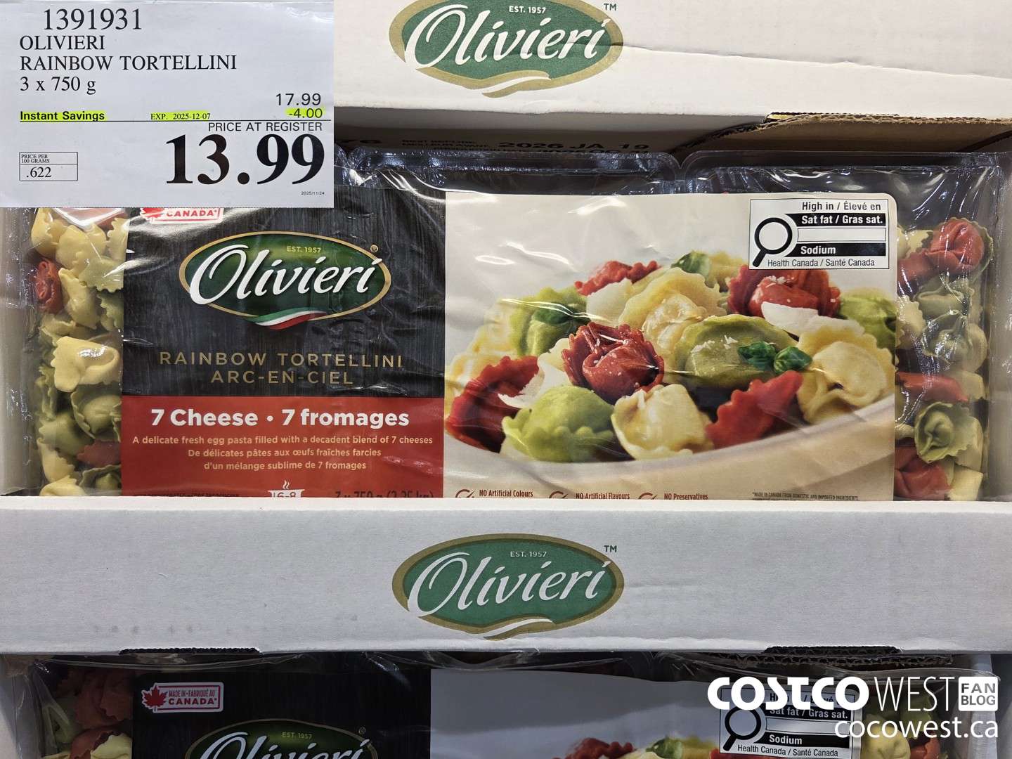 1391931 OLIVIERI RAINBOW TORTELLINI 3 x 750 g ($4.00 INSTANT SAVINGS EXPIRES ON 2025-12-07) $13.99