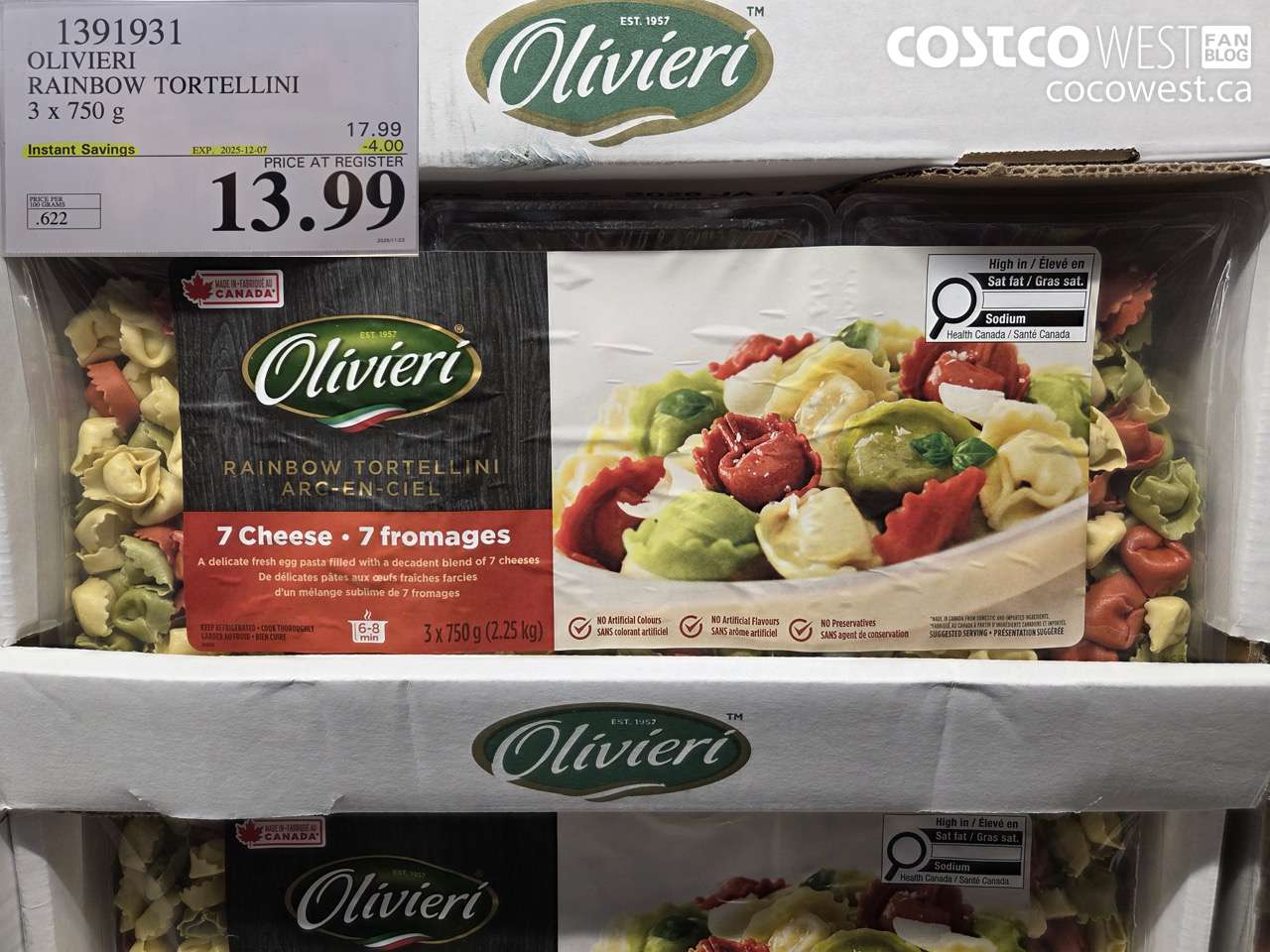 1391931 OLIVIERI RAINBOW TORTELLINI 3 x 750 g ($4.00 INSTANT SAVINGS EXPIRES ON 2025-12-07) $13.99