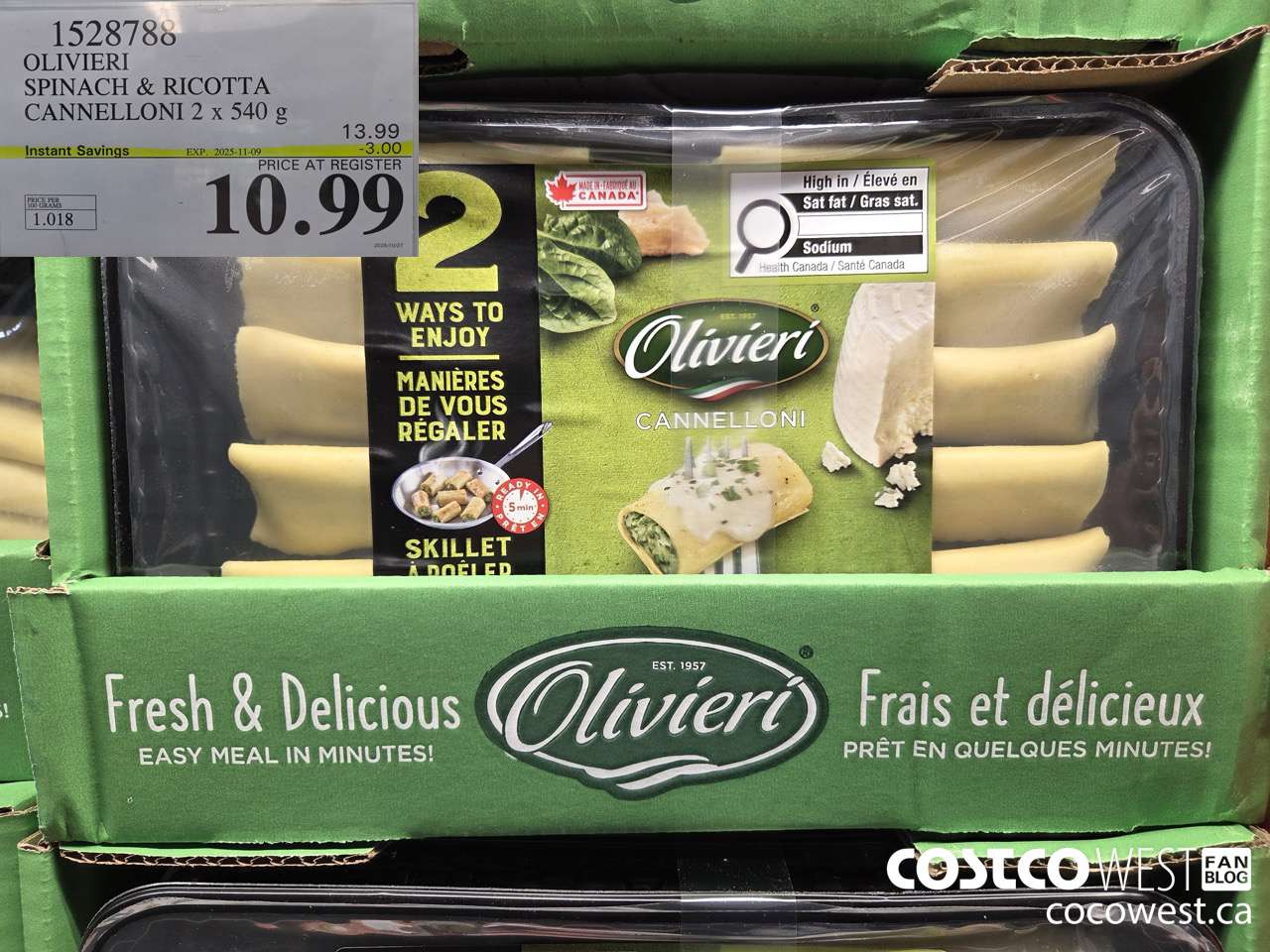 1528788 OLIVIERI SPINACH & RICOTTA CANNELLONI 2 x 540 g ($3.00 INSTANT SAVINGS EXPIRES ON 2025-11-09) $10.99