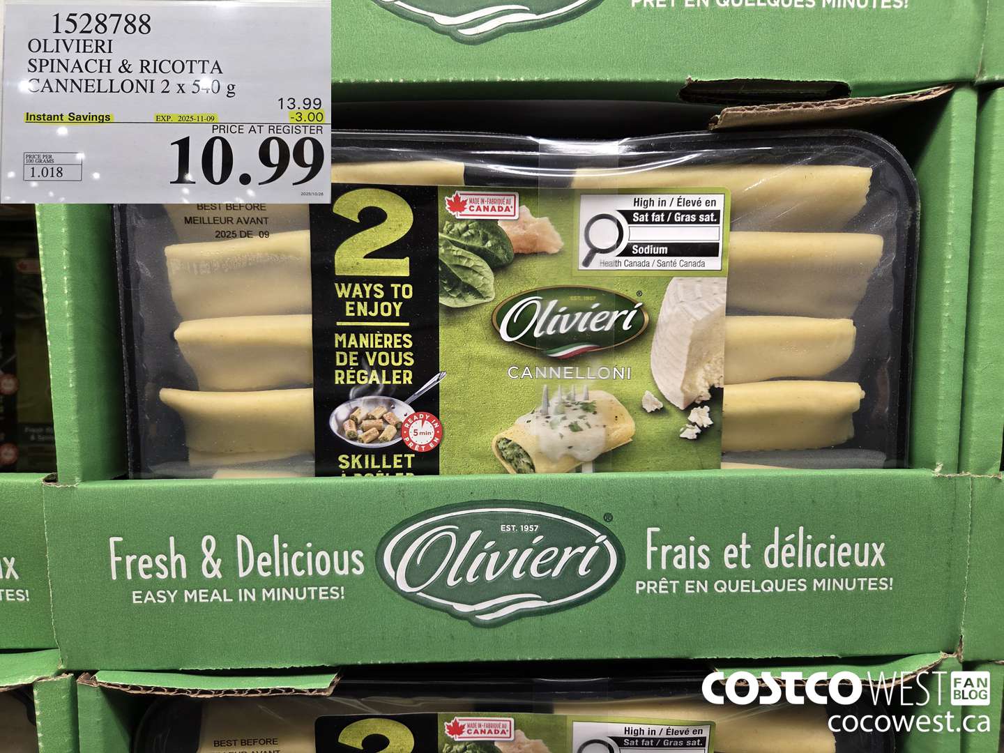 1528788 OLIVIERI SPINACH & RICOTTA CANNELLONI 2 x 540 g ($3.00 INSTANT SAVINGS EXPIRES ON 2025-11-09) $10.99