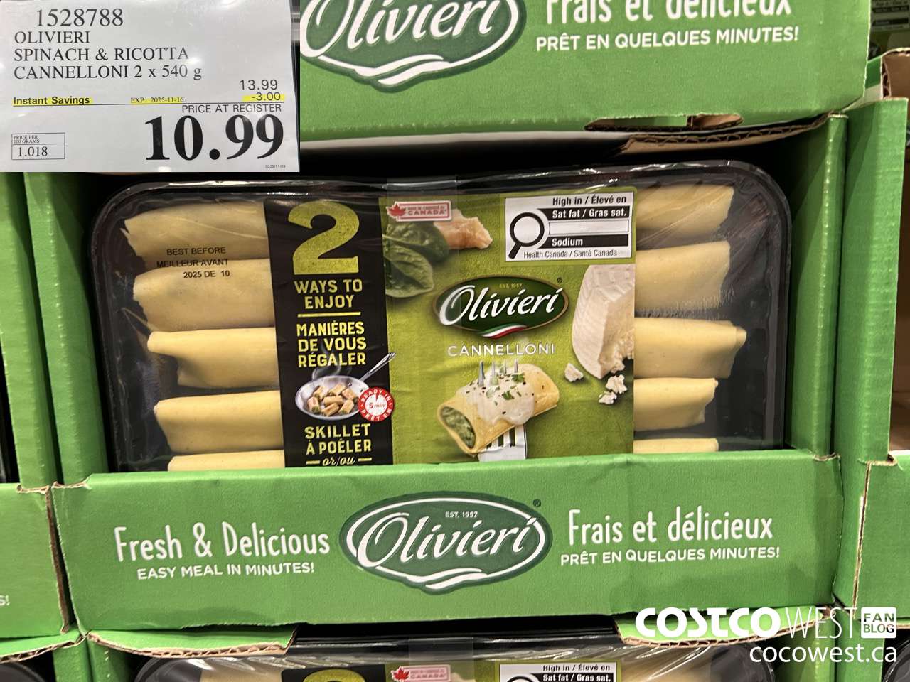1528788 OLIVIERI SPINACH & RICOTTA CANNELLONI 2 x 540 g ($3.00 INSTANT SAVINGS EXPIRES ON 2025-11-16) $10.99