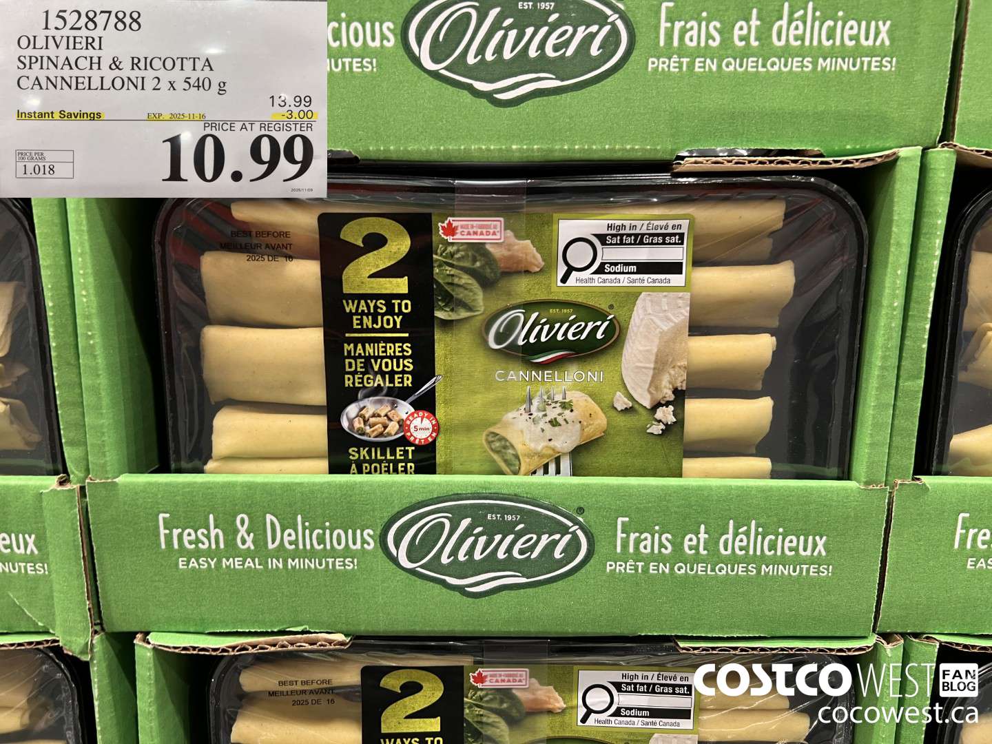1528788 OLIVIERI SPINACH & RICOTTA CANNELLONI 2 x 540 g ($3.00 INSTANT SAVINGS EXPIRES ON 2025-11-16) $10.99