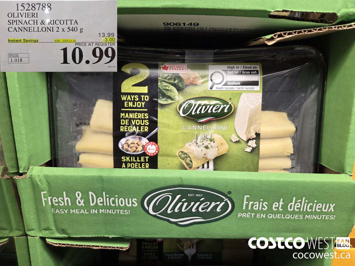 1528788 OLIVIERI SPINACH & RICOTTA CANNELLONI 2 x 540 g ($3.00 INSTANT SAVINGS EXPIRES ON 2025-11-30) $10.99