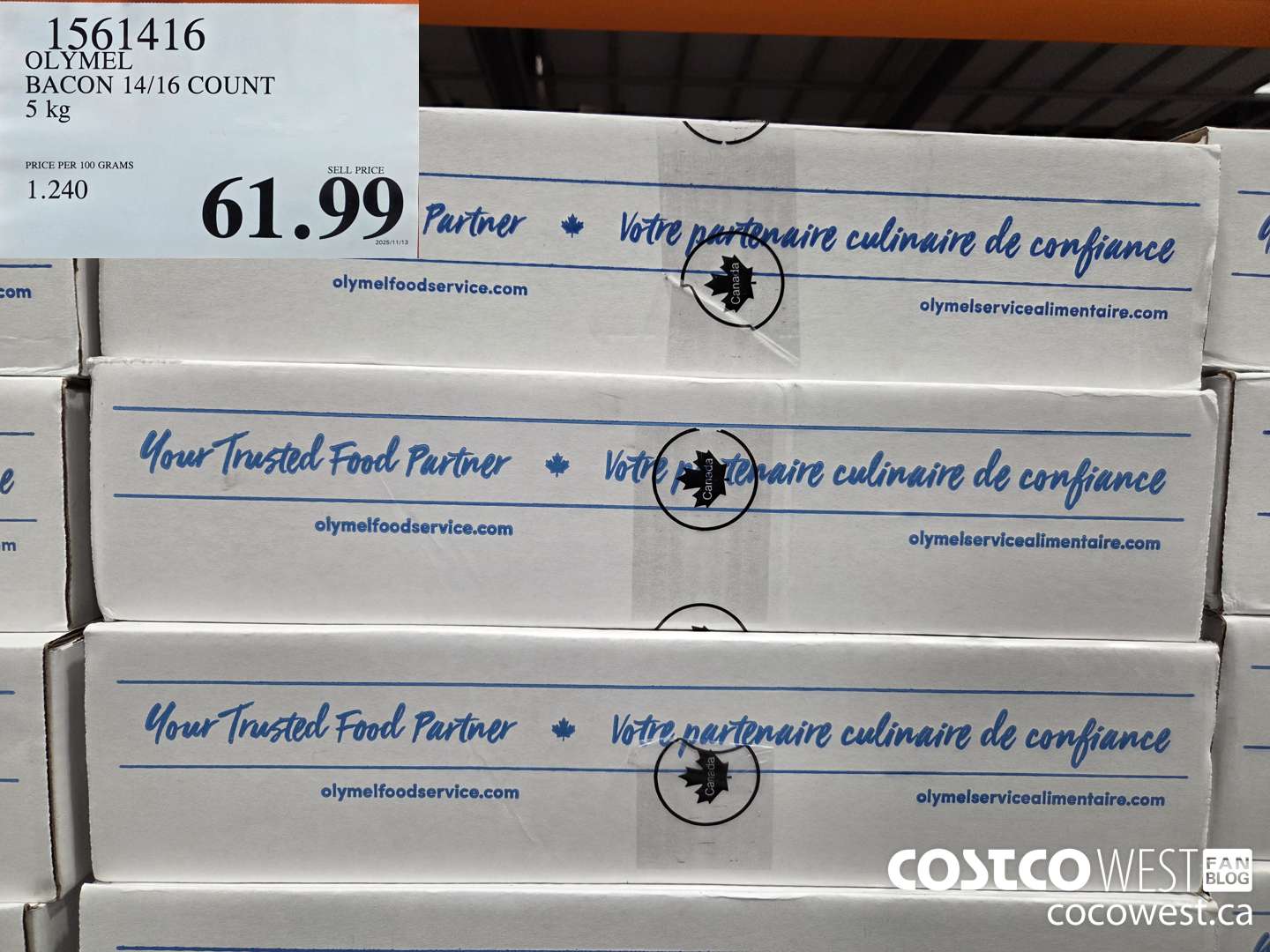 1561416 OLYMEL BACON 14/16 COUNT 5 kg $61.99