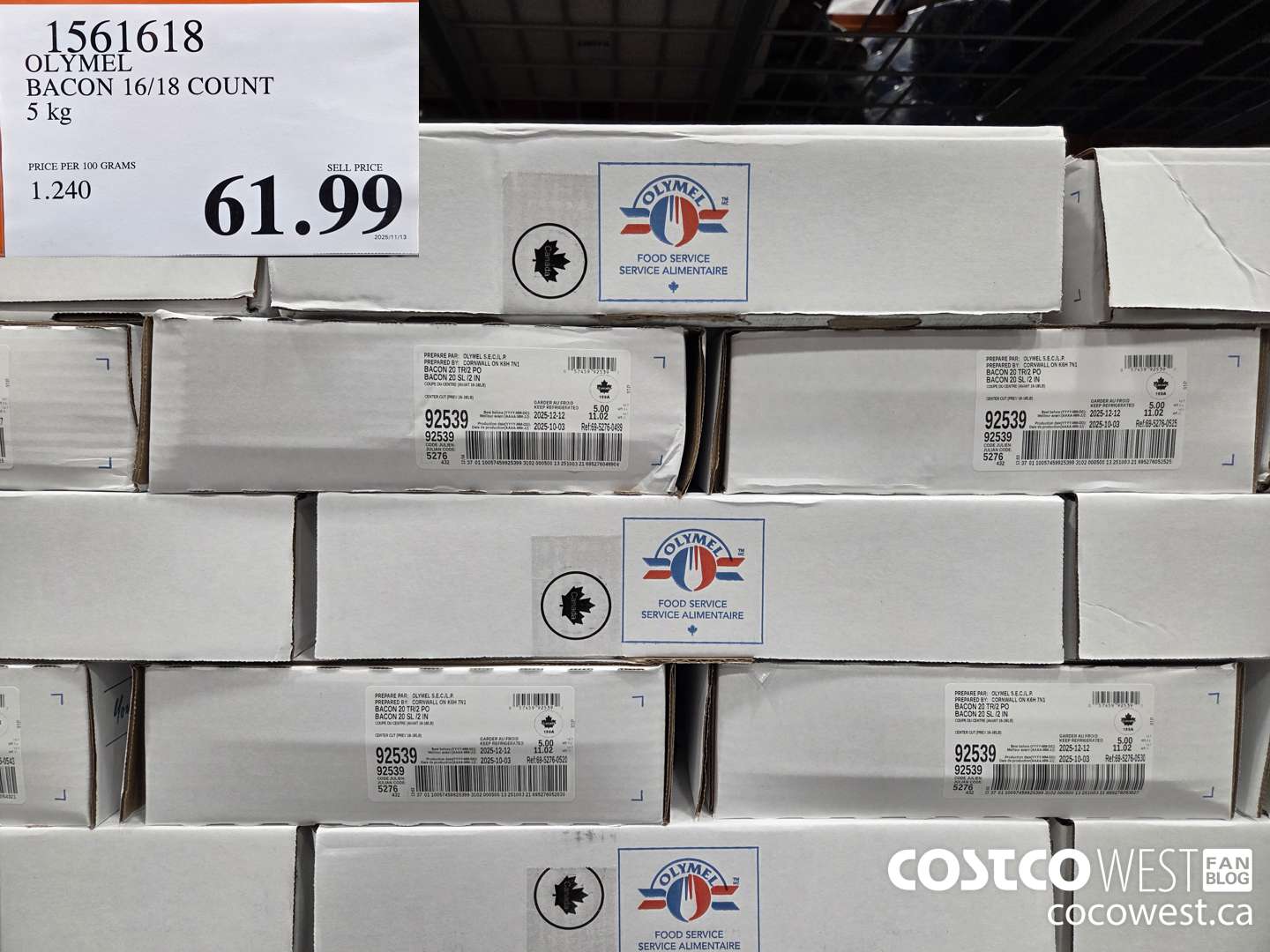 1561618 OLYMEL BACON 16/18 COUNT 5 kg $61.99