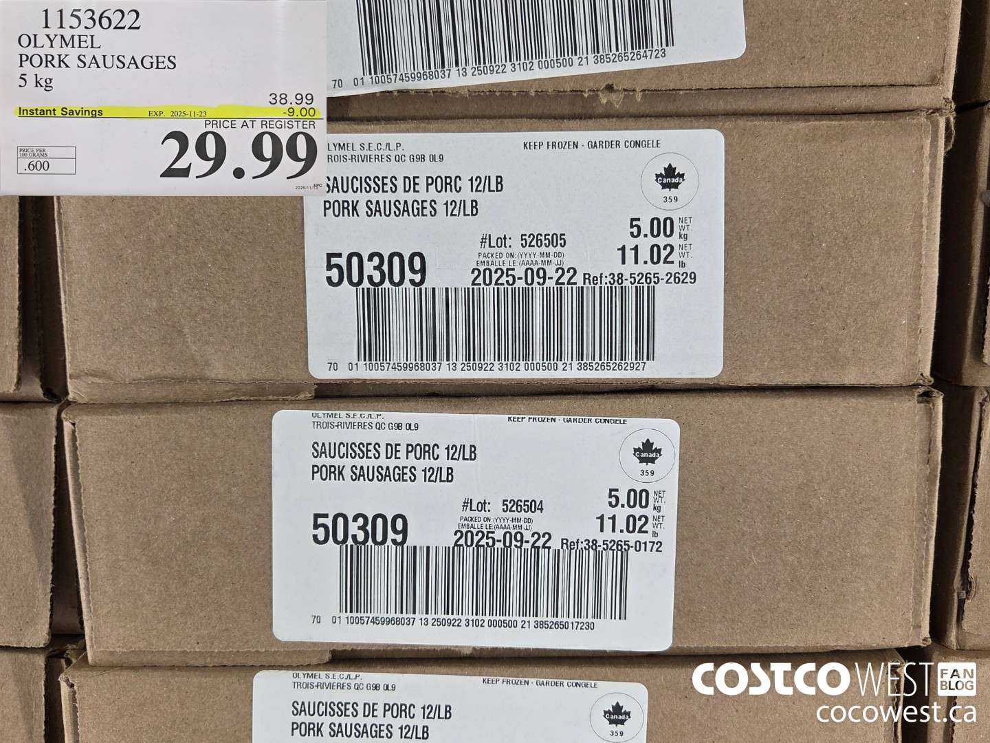 1153622 OLYMEL PORK SAUSAGES 5 kg ($9.00 INSTANT SAVINGS EXPIRES ON 2025-11-23) $29.99